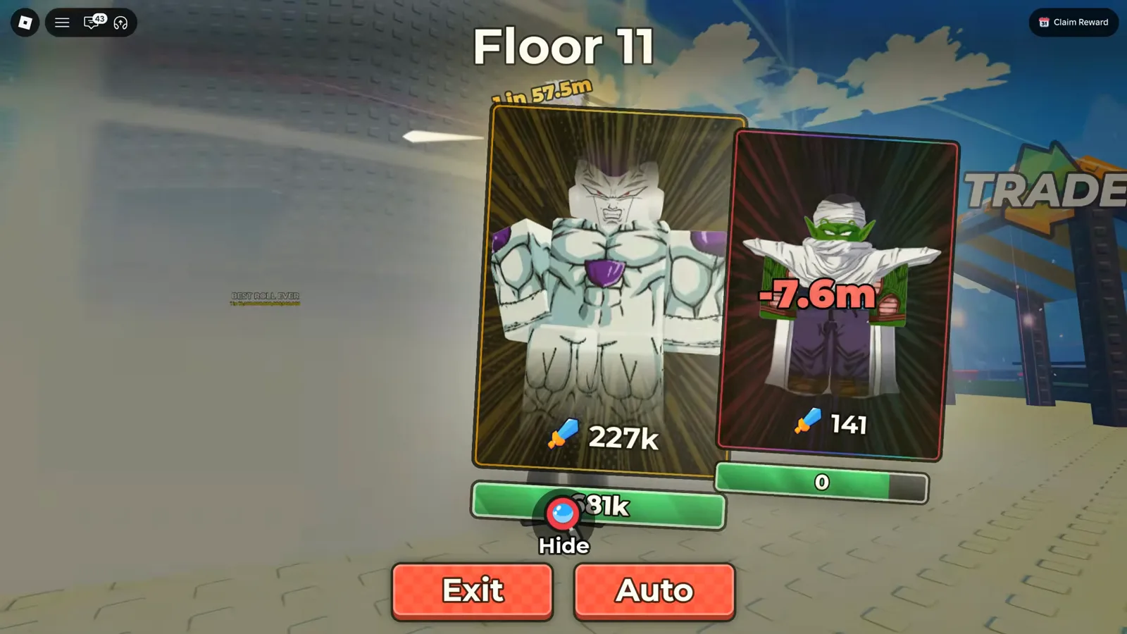 キーボードから手を離したままフロアが上がり続ける画面 アニメダイスのタワーバトルFloor 11。無入力のまま進行し、上部にHide・Exit・Autoボタンがある