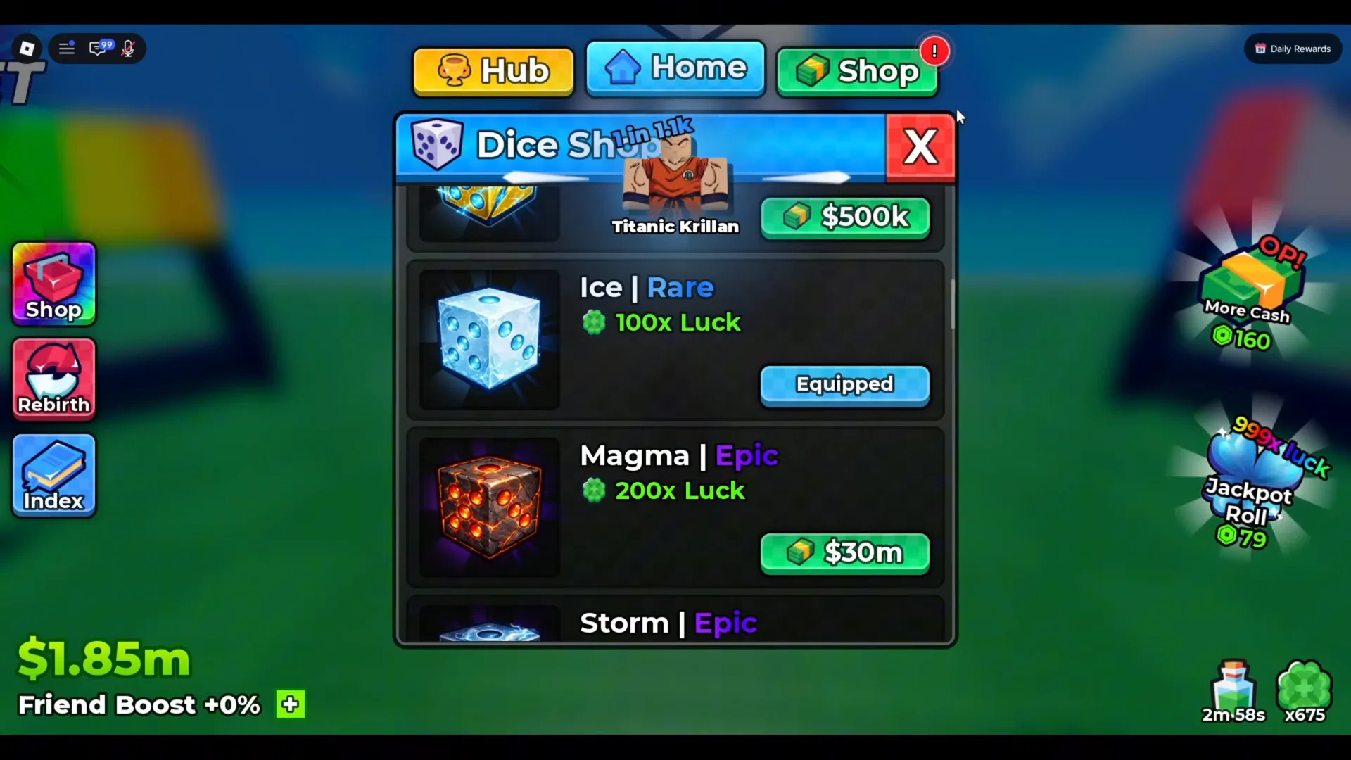Dice Shop com Ice Rare 100x Luck e Magma Epic 200x Luck a 30 milhões