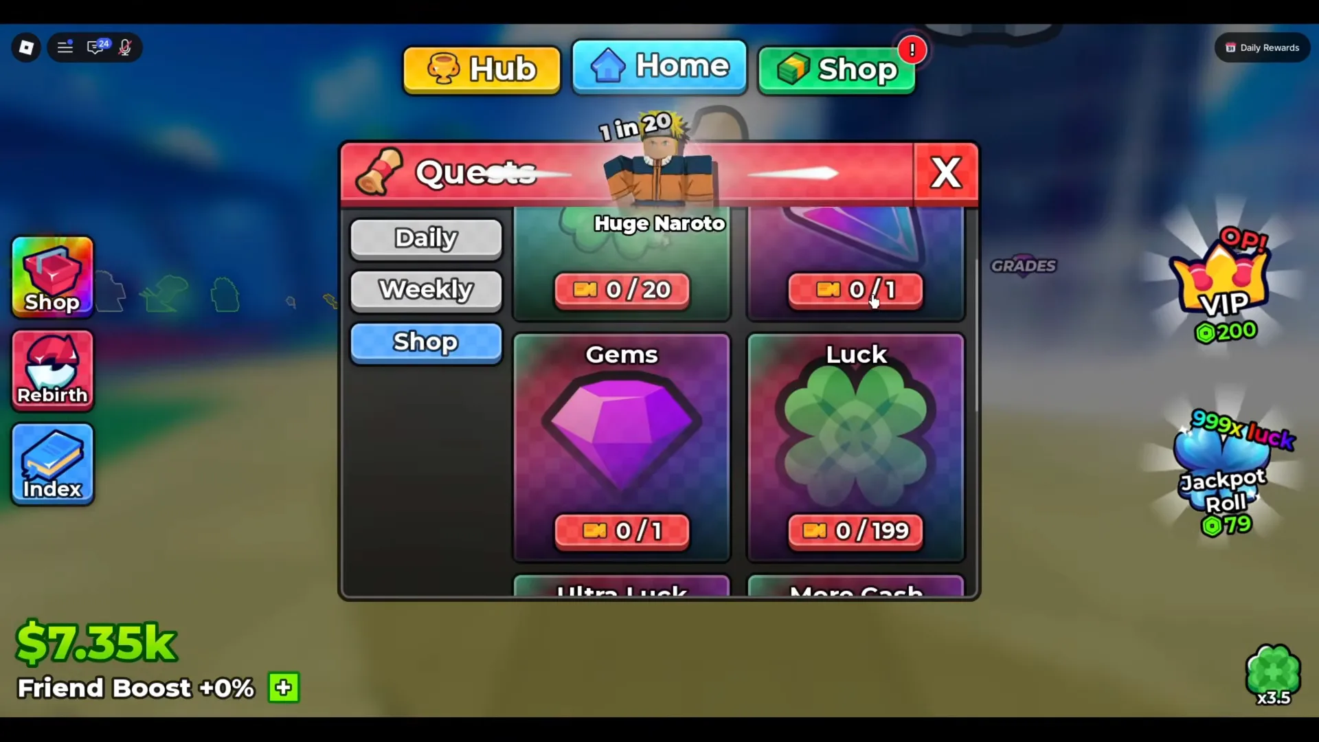 The Quest Shop tab: four tiles, each with an orange ticket counter the panel never labels Anime Dice Quests panel on the Shop tab showing ticket-priced rewards including Gems at 0 out of 1 and Luck at 0 out of 199, with Ultra Luck and More Cash cut off on the row below