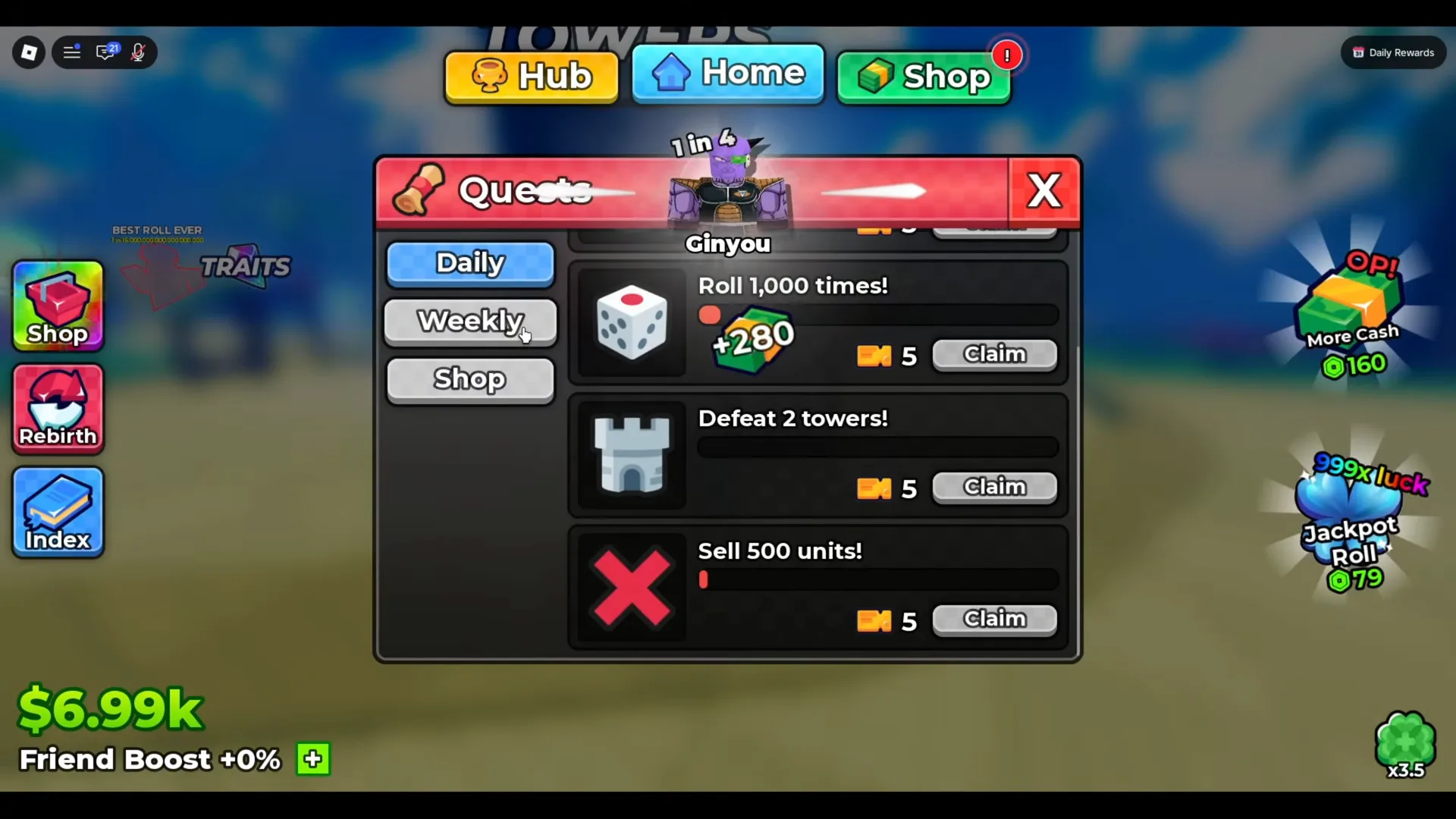 Painel Quests na aba Daily com Roll 1.000 vezes, Defeat 2 towers e Sell 500 units, cada um com 5 tickets