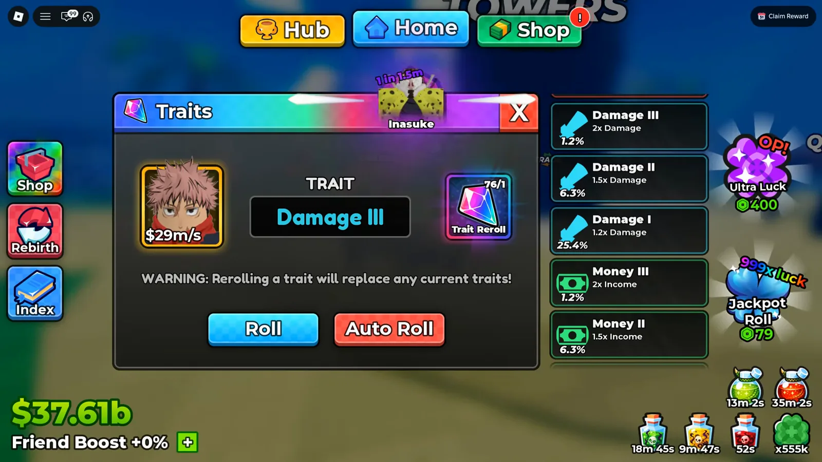 アニメダイスのTraitsパネルで、同じカードのTRAIT欄が16秒後に水色のDamage IIIへ更新され、Trait Rerollカウンターは76/1まで減り、右の列にはDamage III・Damage II・Damage I・Money III・Money IIの行が読める