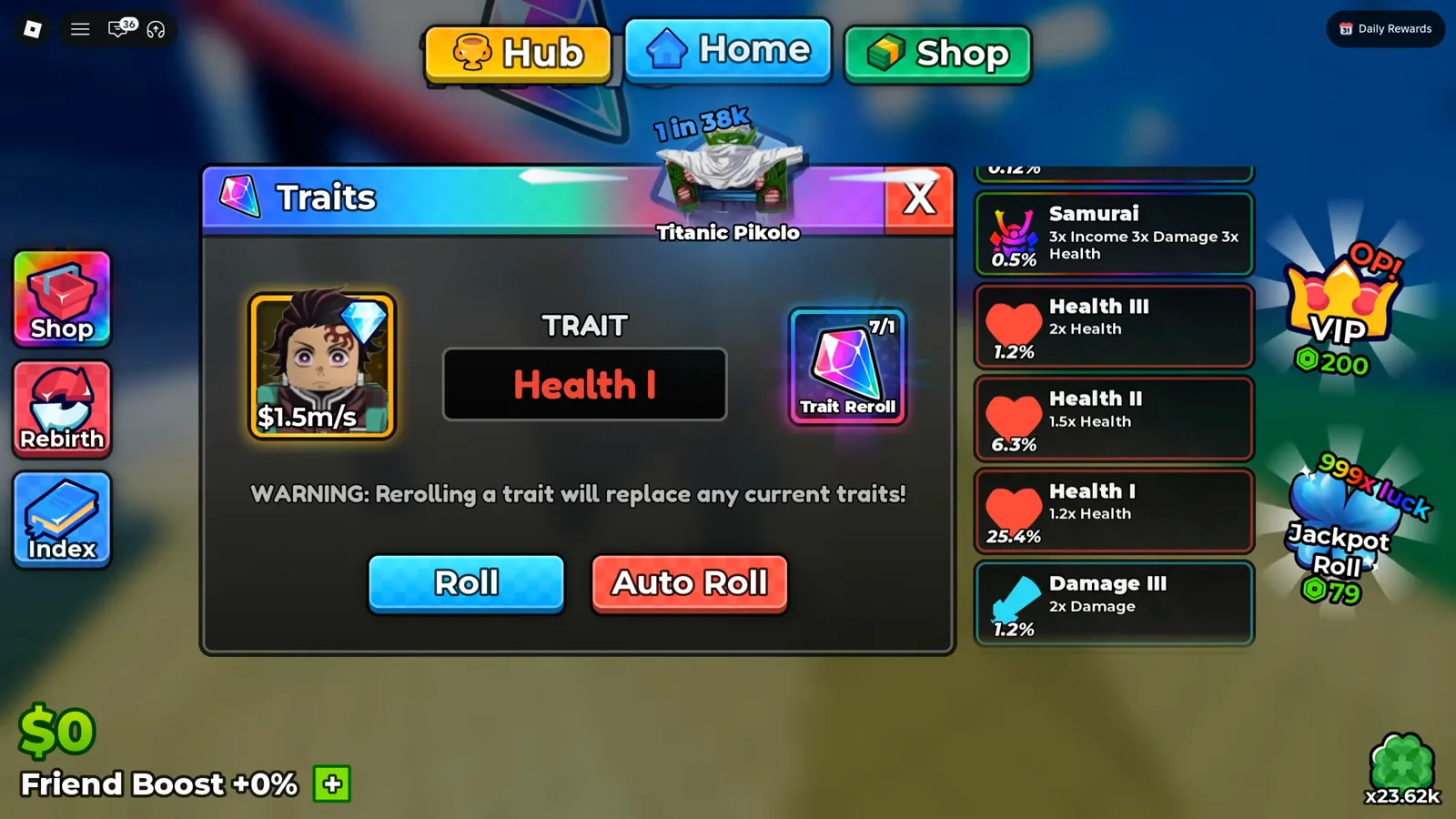 アニメダイスのTraitsパネルでユニットTitanic Pikoloを選択、TRAIT欄に赤い文字でHealth Iが確定表示されており、右の列にはSamuraiの3x Income 3x Damage 3x Health 0.5%と、Health III・Health II・Health Iの2倍/1.5倍/1.2倍の各行が読める