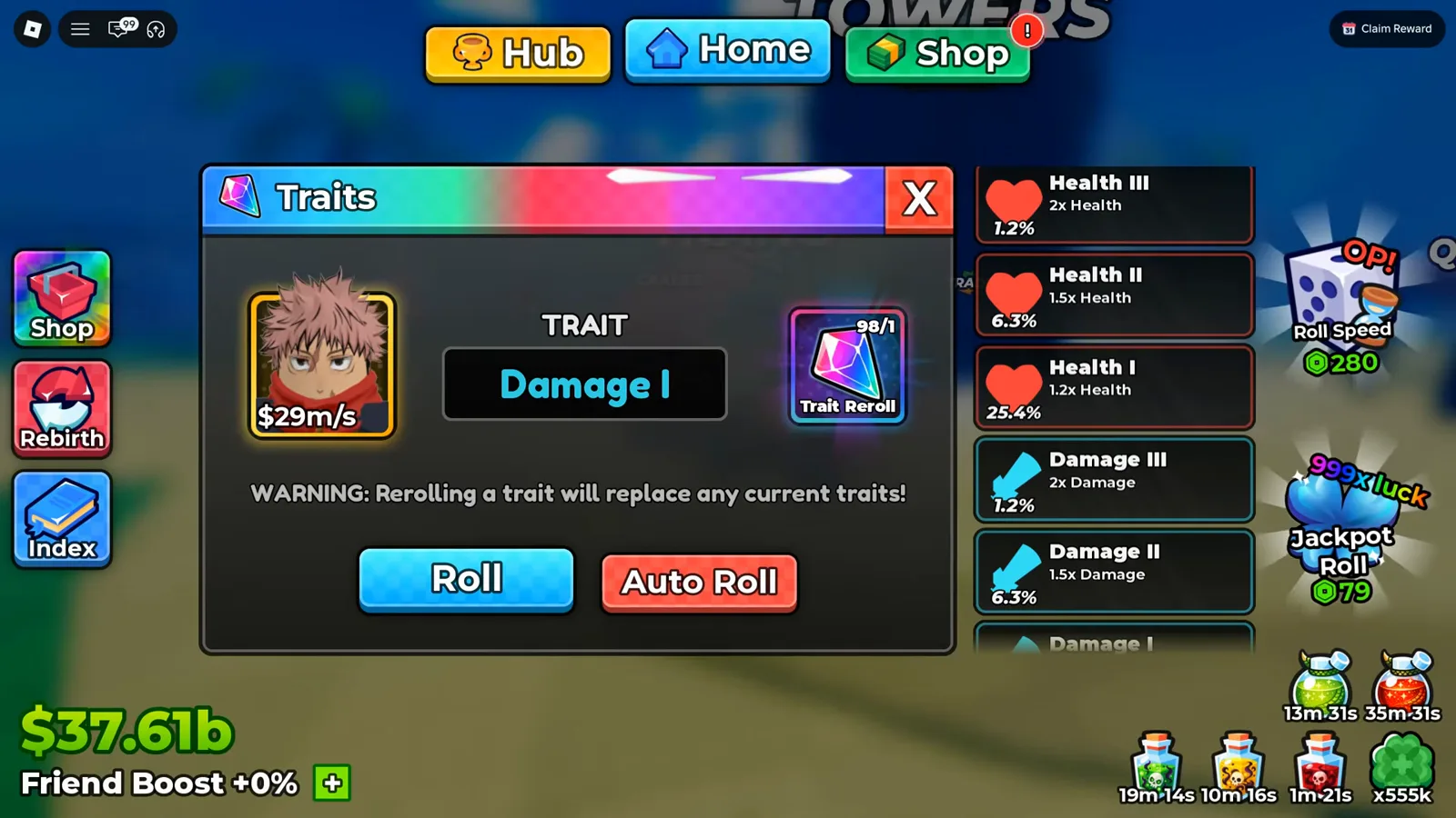 アニメダイスのTraitsパネルで毎秒29百万を稼ぐユニットのTRAIT欄に水色の文字でDamage Iが表示され、Trait Rerollカウンターが98/1、右の列にHealth III・Health II・Health I・Damage IIIの各行が倍率と確率付きで並んでいる