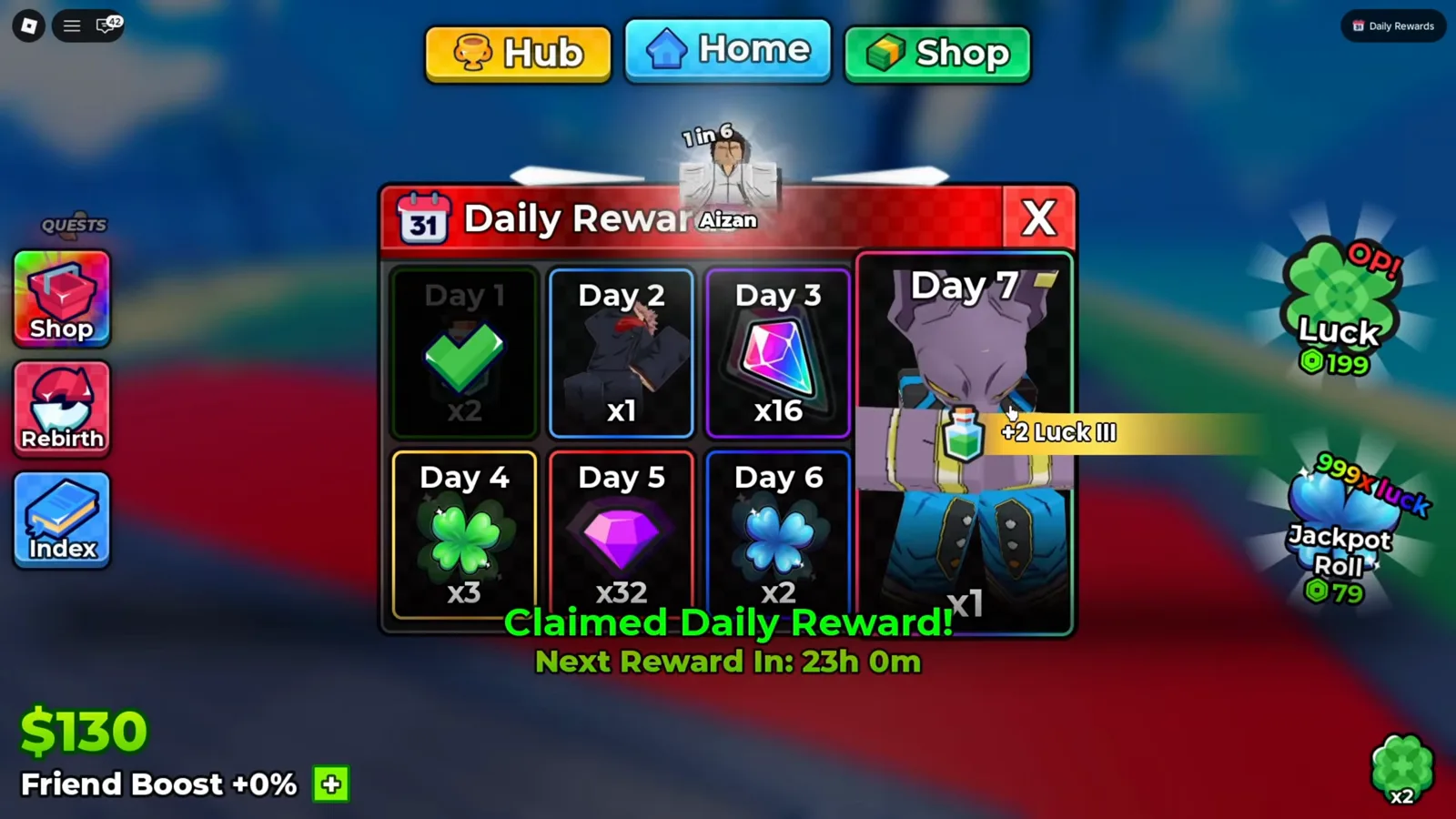 Claimed: the tile becomes a checkmark, and only the toast names what it paid Anime Dice Daily Rewards board seconds after claiming, the Day 1 tile replaced by a green checkmark, a banner reading Claimed Daily Reward! and Next Reward In: 23h 0m under the grid, and a plus 2 Luck III toast with a green flask icon floating beside the tall Day 7 tile