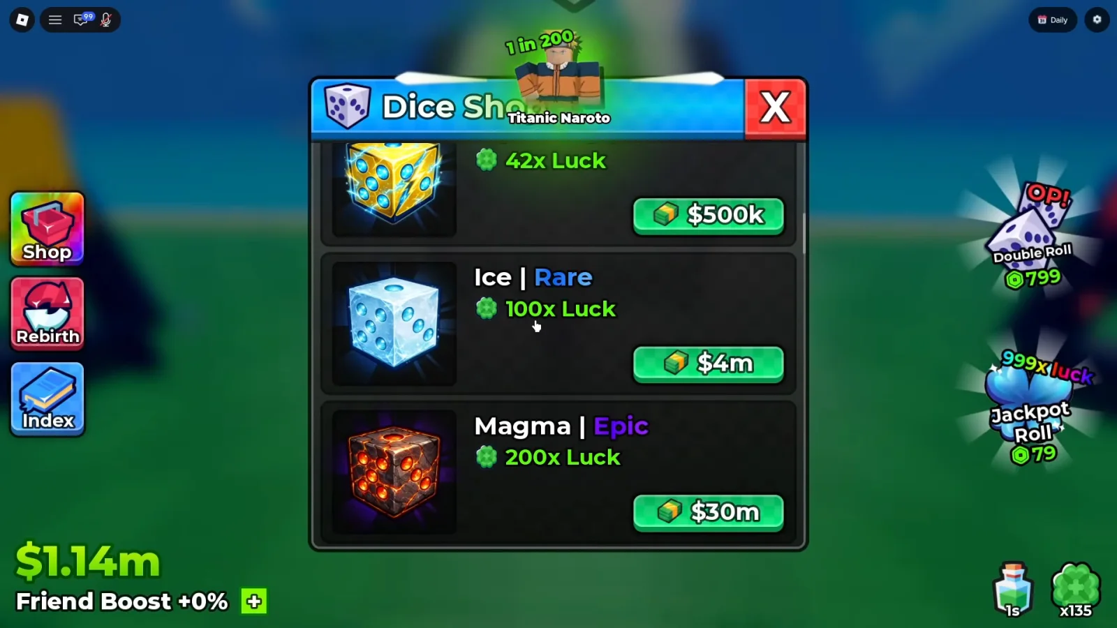 Anime Dice Dice Shop panel with a golden 42x Luck dice priced 500k above Ice Rare at 100x Luck for 4m and Magma Epic at 200x Luck for 30m, each row carrying its own green cash pill