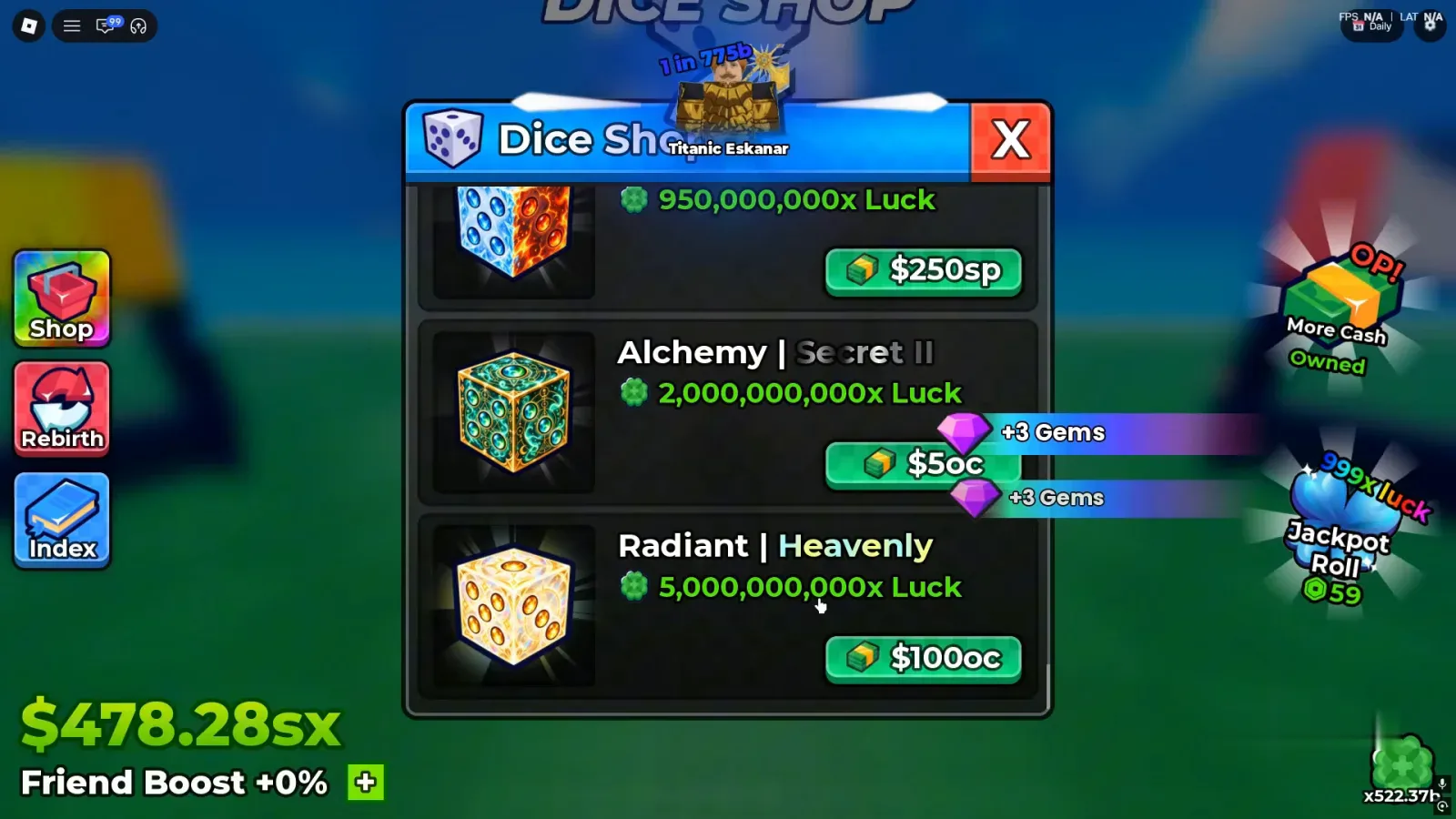 Anime Dice Dice Shop panel with Frostfire Secret II at 950,000,000x Luck priced 250sp above Alchemy Secret II at 2,000,000,000x Luck priced 5oc and Radiant Heavenly at 5,000,000,000x Luck priced 100oc