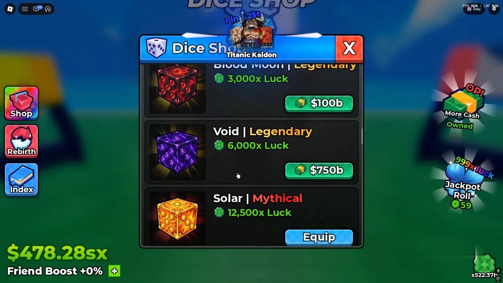 Anime Dice Dice Shop panel showing Blood Moon Legendary at 3,000x Luck priced 100b, Void Legendary at 6,000x Luck priced 750b and Solar Mythical at 12,500x Luck with a blue Equip button