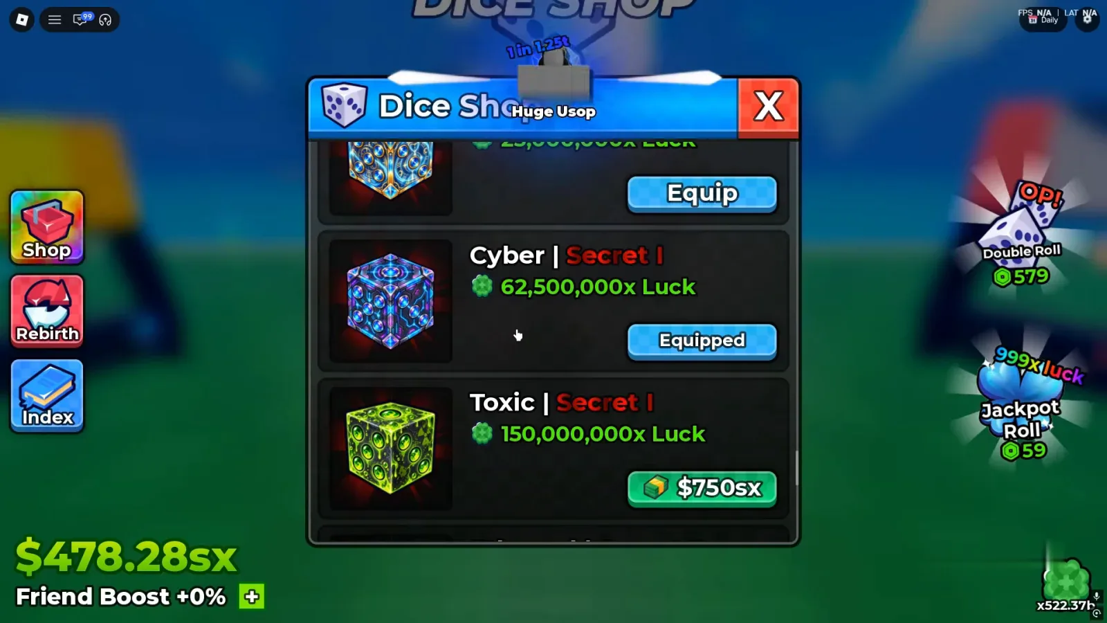 Anime Dice Dice Shop panel with Cyber Secret I at 62,500,000x Luck marked Equipped and Toxic Secret I at 150,000,000x Luck priced 750sx beside a HUD cash balance of 478.28sx