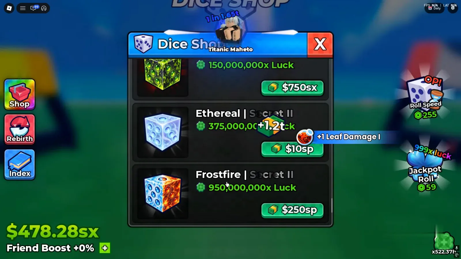 Anime Dice Dice Shop panel with Ethereal Secret II at 375,000,000x Luck priced 10sp above Frostfire Secret II at 950,000,000x Luck priced 250sp, under a 150,000,000x row priced 750sx