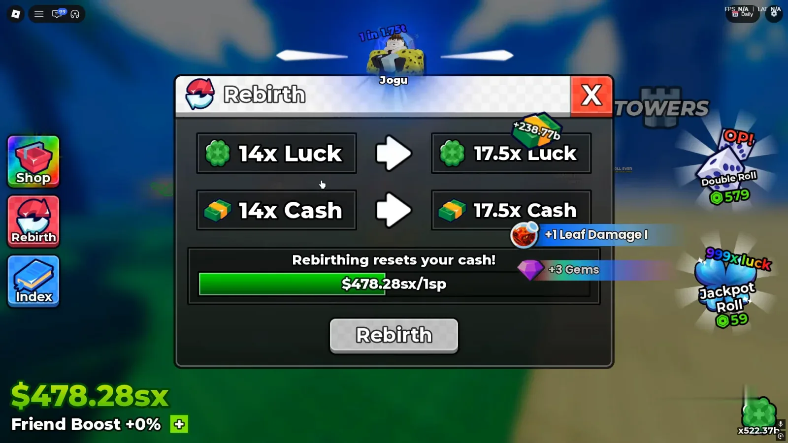 Anime Dice Rebirth panel on a late-game account showing 14x Luck upgrading to 17.5x Luck and 14x Cash to 17.5x Cash above a Rebirthing resets your cash warning and a 478.28sx over 1sp progress bar