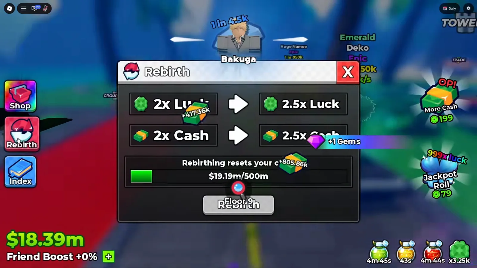 Anime Dice Rebirth panel on a mid-game account showing 2x Luck upgrading to 2.5x Luck and 2x Cash to 2.5x Cash above a Rebirthing resets your cash warning and a 19.19m over 500m progress bar