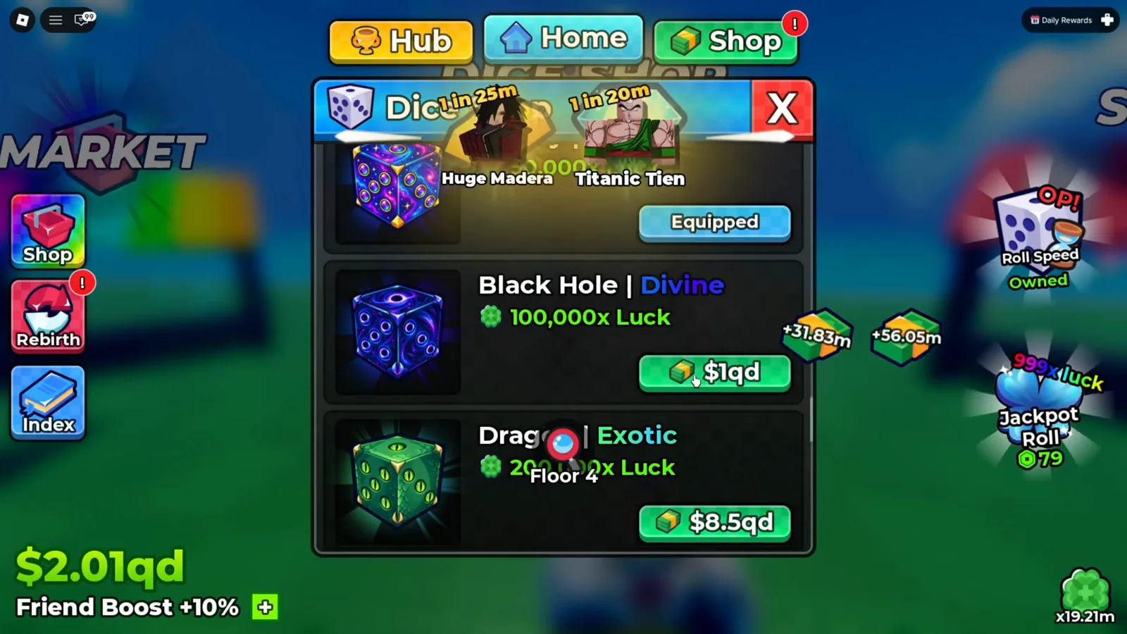 Anime Dice dice shop panel showing Galaxy Divine equipped above Black Hole Divine 100,000x Luck at 1qd and Dragon Exotic 200,000x Luck at 8.5qd