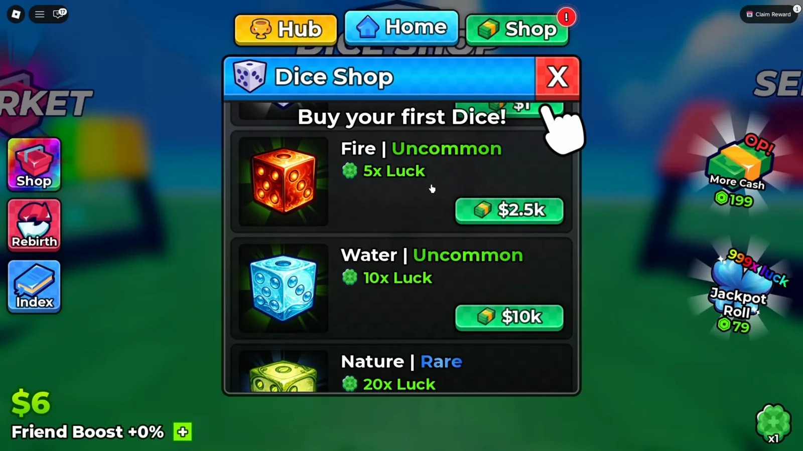 Anime Dice shop panel reading Buy your first Dice with Fire Uncommon 5x Luck at 2.5k, Water Uncommon 10x Luck at 10k and Nature Rare 20x Luck