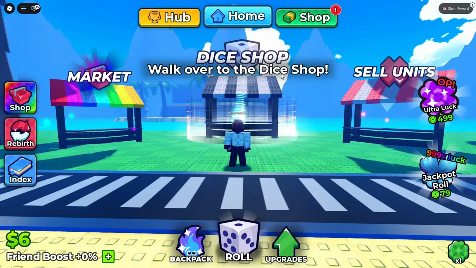 Roblox Anime Dice hub showing the DICE SHOP stall between the MARKET and SELL UNITS stalls with the quest banner Walk over to the Dice Shop