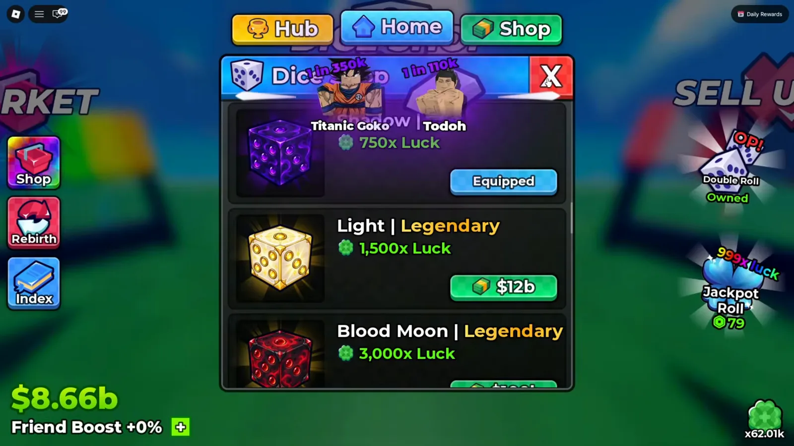 Anime Dice dice shop panel showing a 750x luck dice equipped above Light Legendary 1,500x Luck priced 12b and Blood Moon Legendary 3,000x Luck