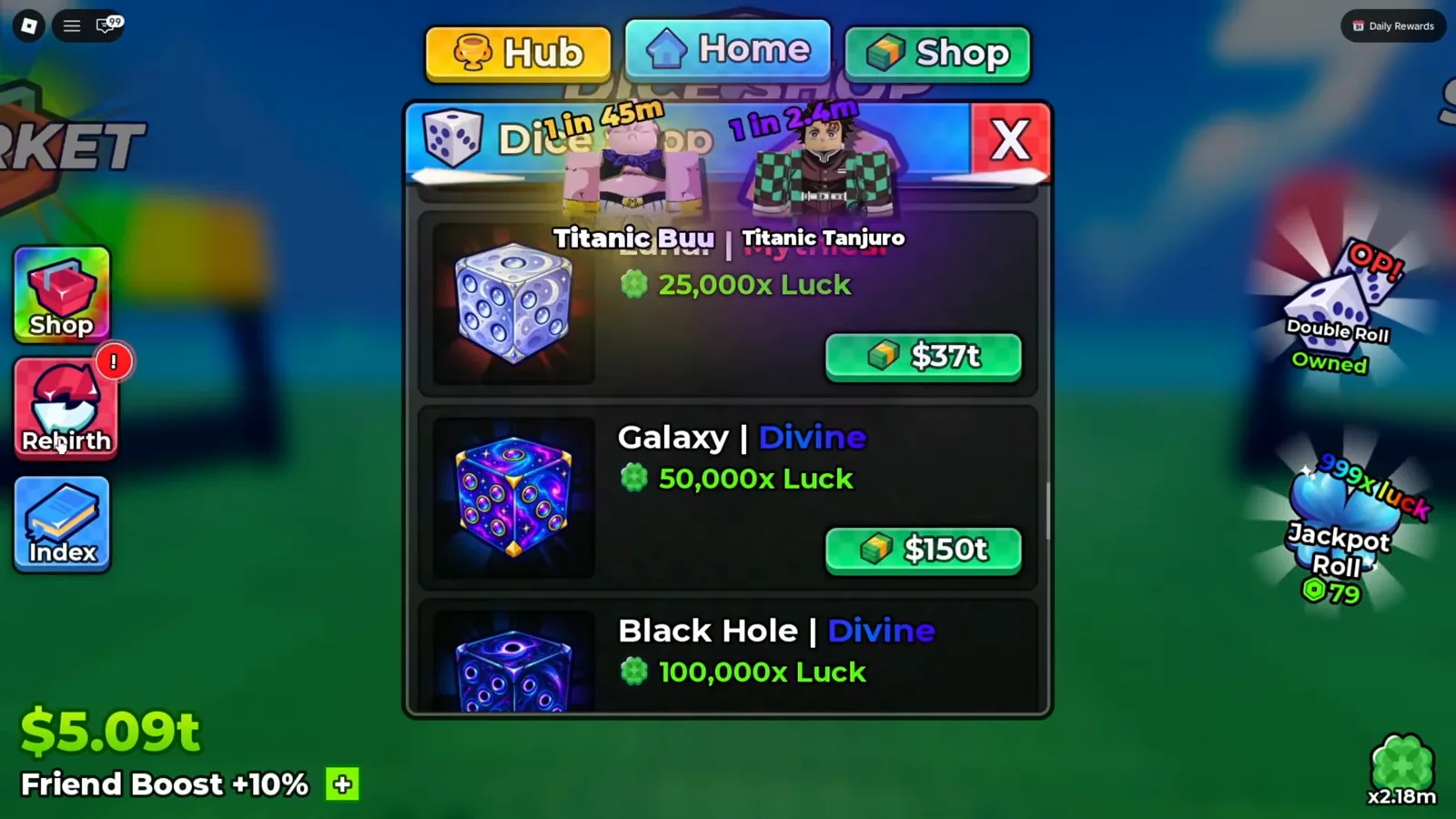 Anime Dice dice shop panel showing Lunar Mythical 25,000x Luck at 37t, Galaxy Divine 50,000x Luck at 150t and Black Hole Divine 100,000x Luck