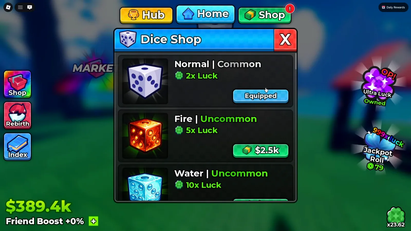 Anime Dice dice shop panel showing Normal Common 2x Luck equipped above Fire Uncommon 5x Luck priced 2.5k and Water Uncommon 10x Luck