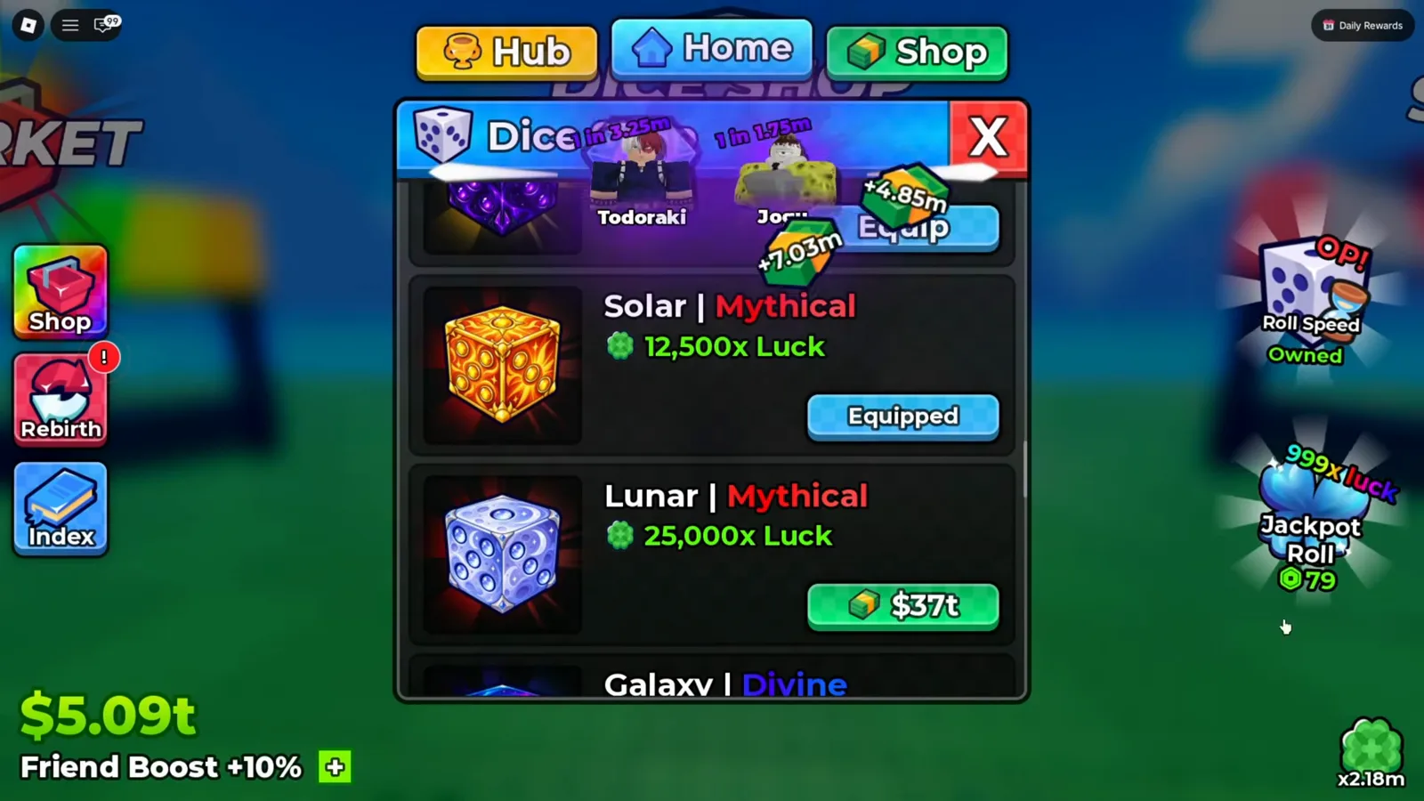 Anime Dice dice shop panel showing Solar Mythical 12,500x Luck equipped above Lunar Mythical 25,000x Luck priced 37t with cash at 5.09t