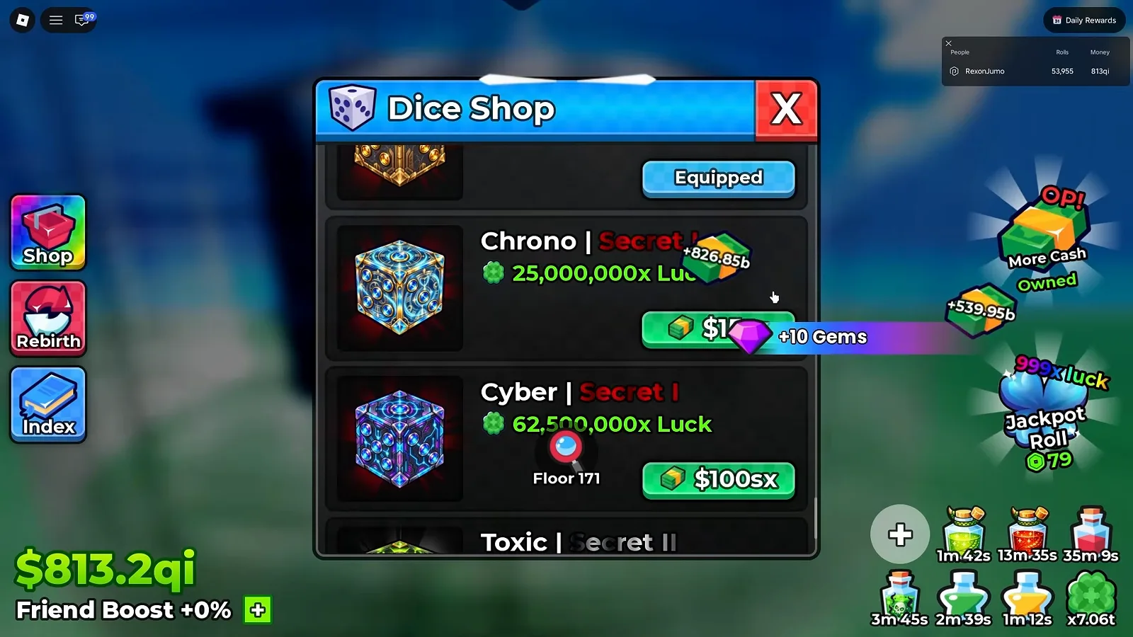 Anime Dice Update 4 dice shop showing Chrono Secret I 25,000,000x Luck, Cyber Secret I 62,500,000x Luck at 100sx and Toxic Secret II
