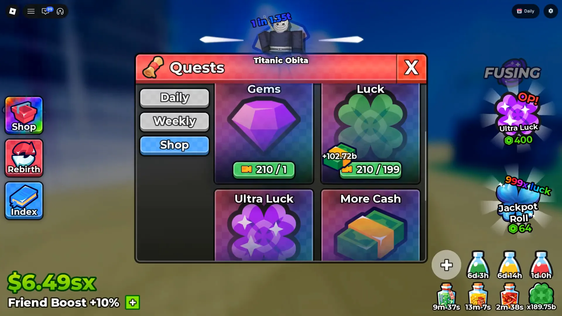 Five minutes in, the bonus already reads +10% — with a full panel open and the corner unchanged behind it Anime Dice HUD bottom-left corner about five minutes into a clean recording, its cash counter reading $6.49sx above the white line Friend Boost +10%, with the client's Quests board open over the centre of the screen and the green plus button unclicked to the right of the text