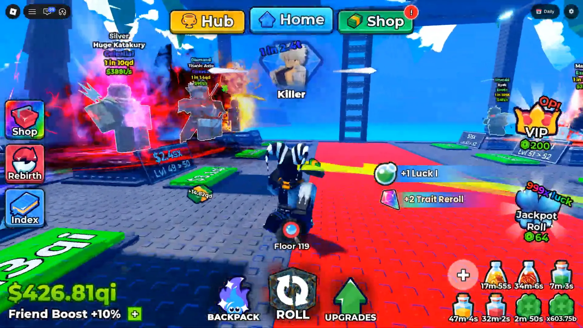 The whole readout in one crop: cash on the first line, Friend Boost +10% on the second, one green button beside it The bottom-left corner of the Anime Dice HUD in a mid-session frame, showing the yellow-green cash counter reading $426.81qi with the white bold line Friend Boost +10% directly beneath it and a small green rounded-square plus button immediately to the right of the text