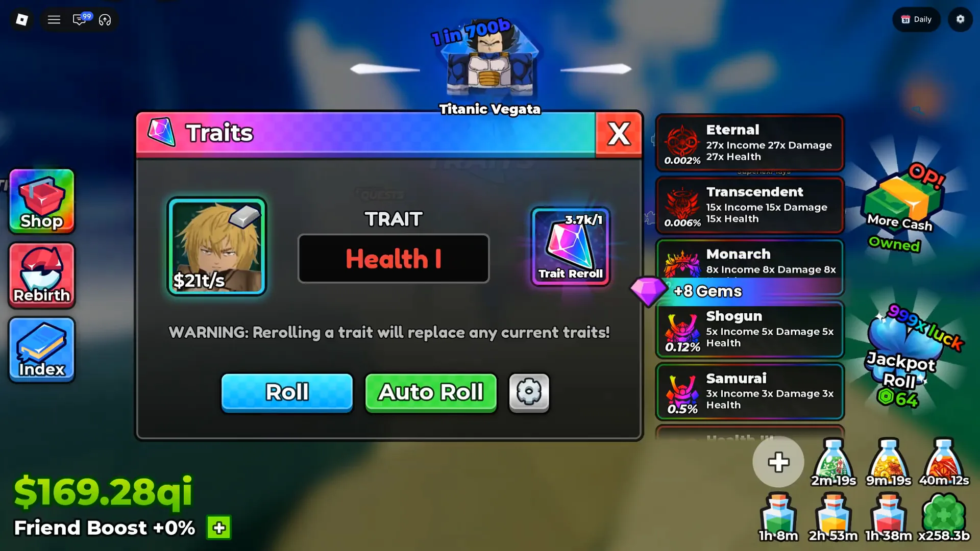 Two hundred seconds after the first +0% frame, the line has still not moved back Anime Dice HUD at about twenty-three minutes into the same recording, the cash counter reading $169.28qi with Friend Boost +0% printed beneath it in white bold and the green rounded plus button to its right, while the Traits panel on screen shows a Health I roll