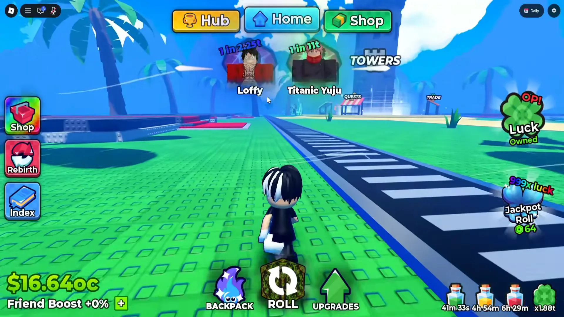 Five seconds into a third session: +0% from the very first frames, button untouched The Anime Dice hub about five seconds into a third creator's recording, the bottom-left HUD reading $16.64oc above Friend Boost +0% in white bold with the green rounded-square plus button at its right, while Loffy and Titanic Yuju nameplates float over the lane