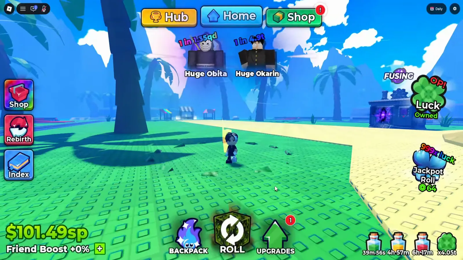 Anime Dice's hub world with the player character walking toward a dark machine building on the right whose purple FUSING sign marks the fusion station, while the floating units Huge Obita at 1 in 1.35qd and Huge Okarin at 1 in 4.9t hover over the plaza