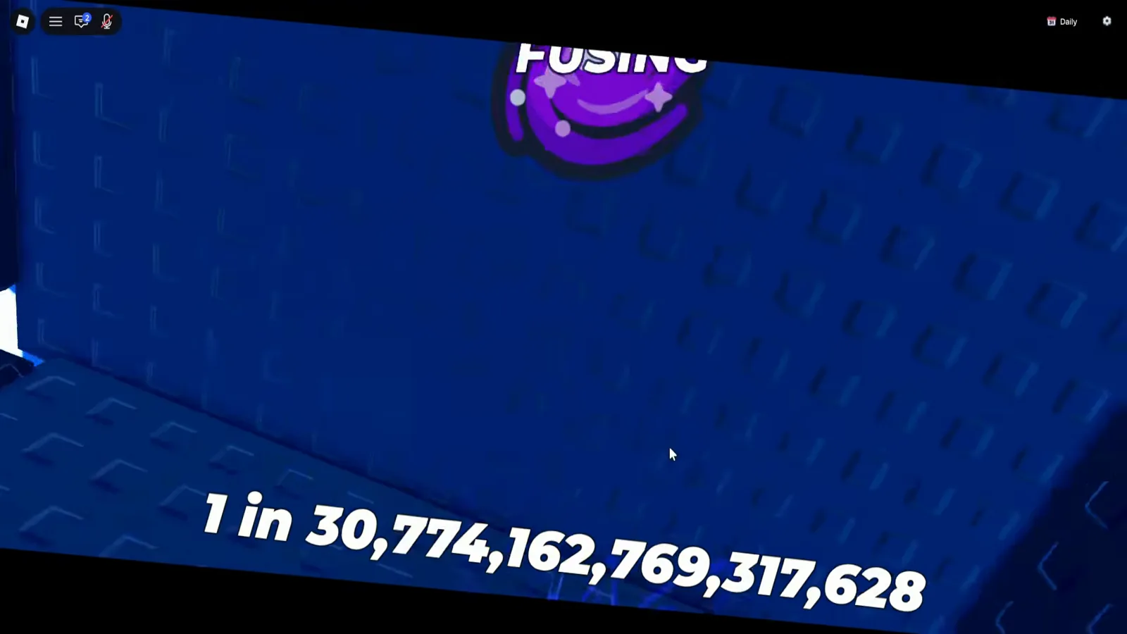 Anime Dice's full-screen FUSING roll animation mid-fuse, a purple gem emblem above tilted blue panels while the result chance prints in giant white digits: 1 in 30,774,162,769,317,628