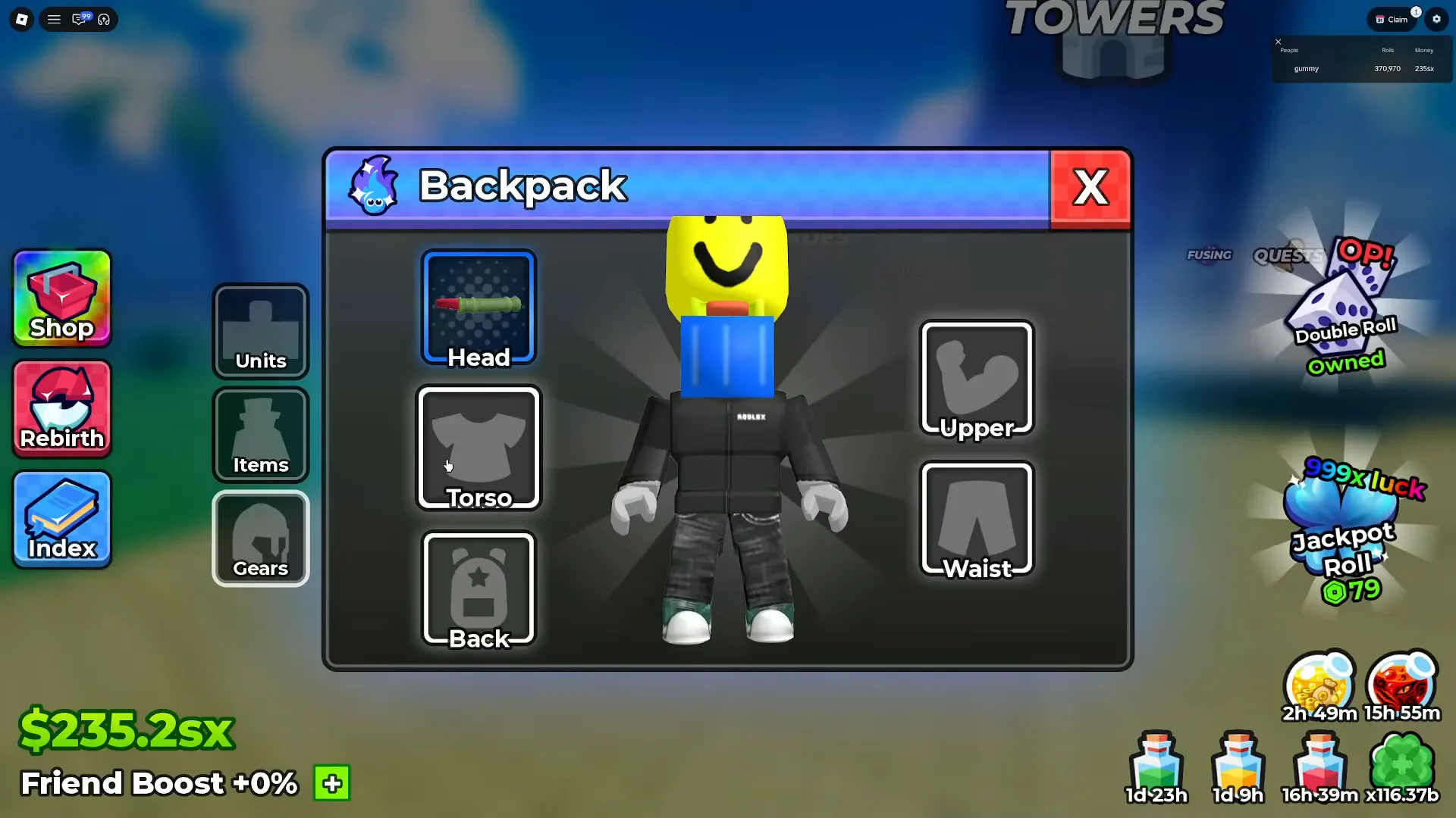 Three tabs run down the left of Anime Dice's Backpack window — a torso icon labelled Units, a bag icon labelled Items and a helmet icon labelled Gears lit in white — beside the open Gears panel where the bamboo sits in Head and four boxes stay grey