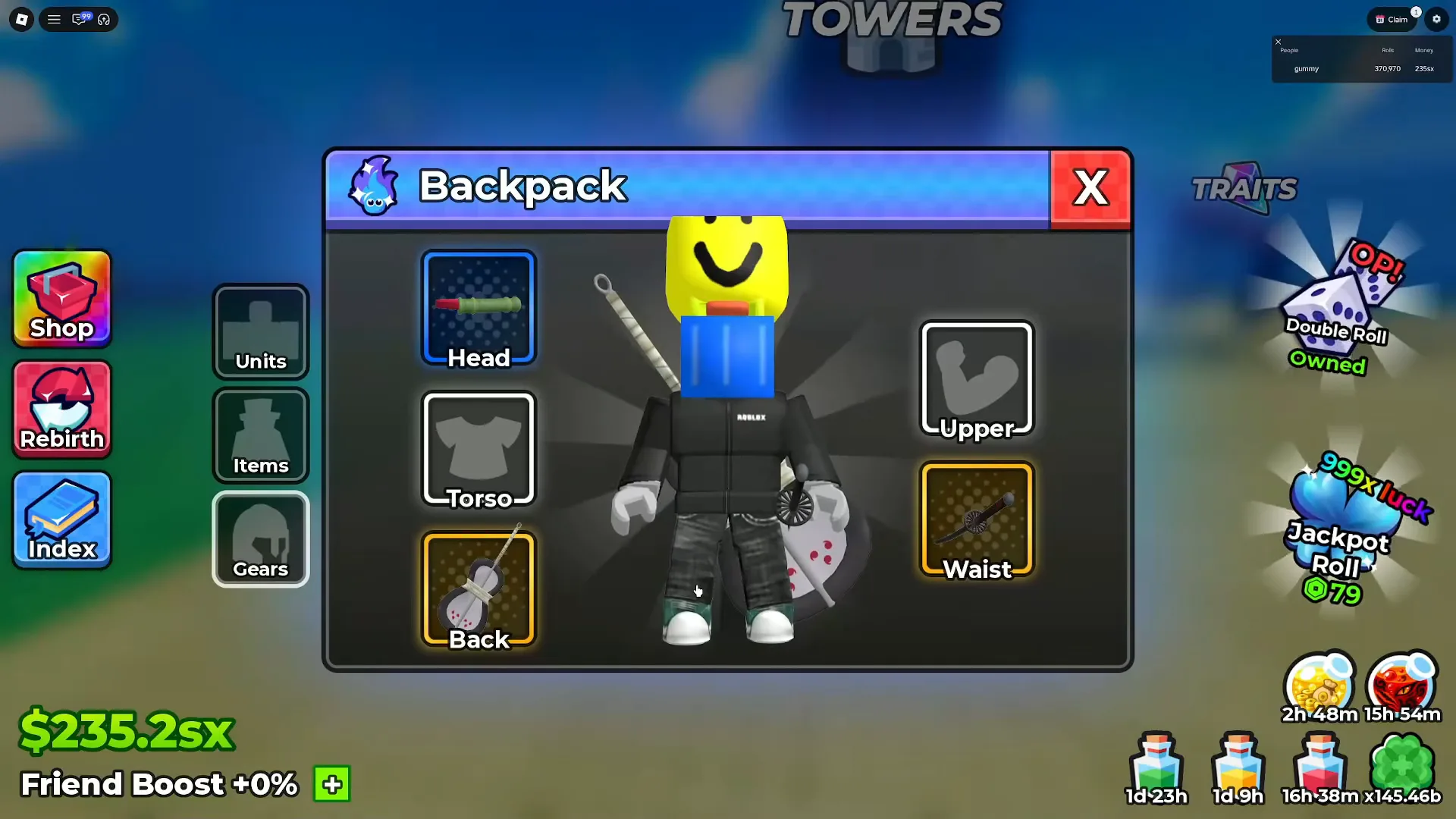 Five labelled boxes ring a smiling character in Anime Dice's Backpack Gears tab — bamboo in the blue-bordered Head, a war fan in the gold Back, a katana in the gold Waist, and Torso and Upper left empty