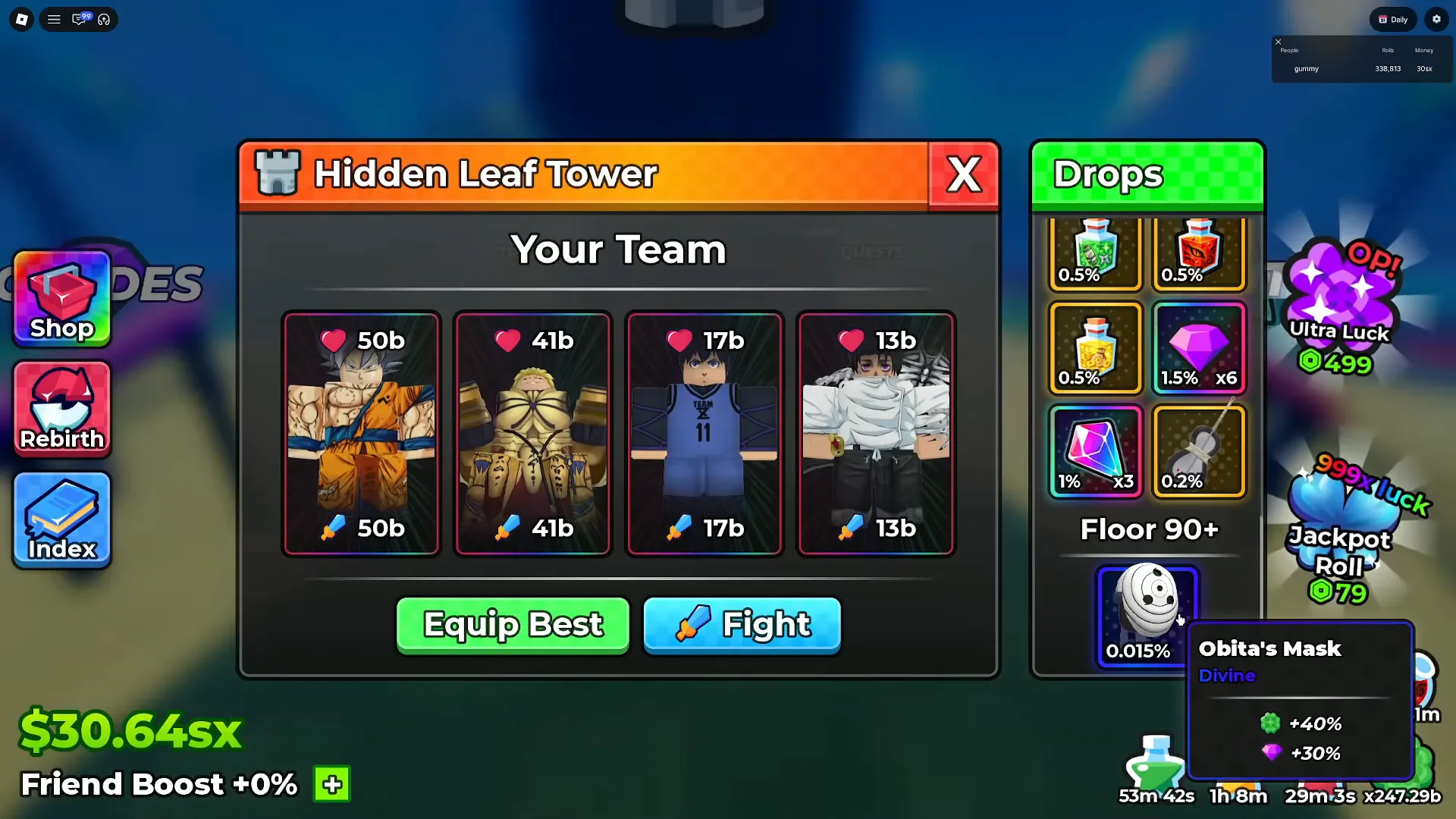 Anime Dice Hidden Leaf Tower Drops panel with tiles reading 0.5% three times, a 1.5% x6 gem, a 1% x3 crystal and a 0.2% war fan above a Floor 90 plus header, and an open tooltip beside the 0.015% white orb reading Obita's Mask, Divine, with +40% and +30% rows