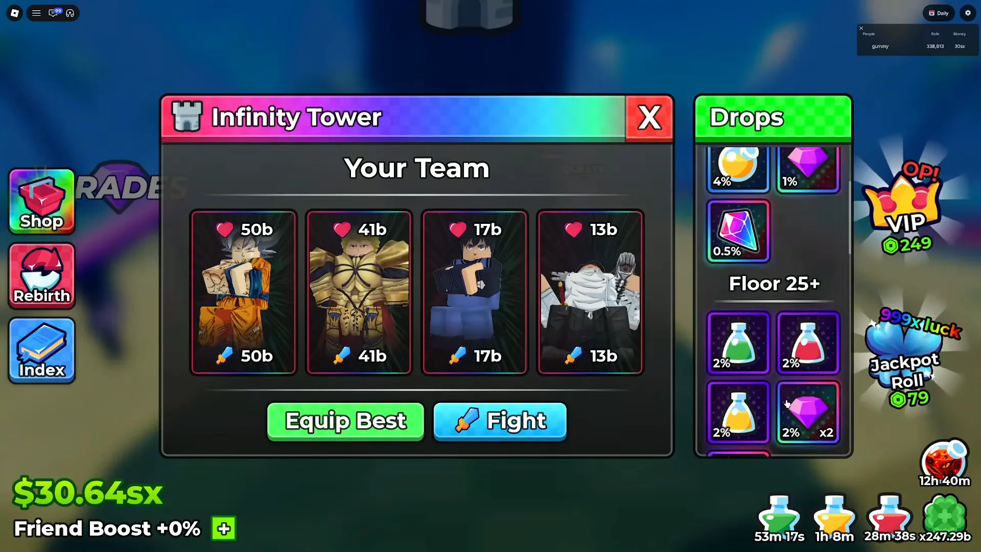 アニメダイスのInfinity Towerパネル。多色グラデーションの見出しバーの下に4枚のチームカードが並び、右の緑のDropsパネルは上段に4%のポーション、1%のジェム、0.5%の結晶とFloor 25+の見出し、その下に2%のポーション3枚と2% x2のジェムを表示している