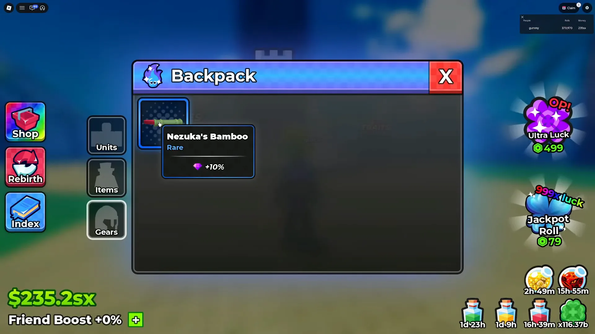 Hovering the blue-bordered bamboo in Anime Dice's Backpack raises a tooltip that reads Nezuka's Bamboo, Rare, above a purple gem icon and the value +10%