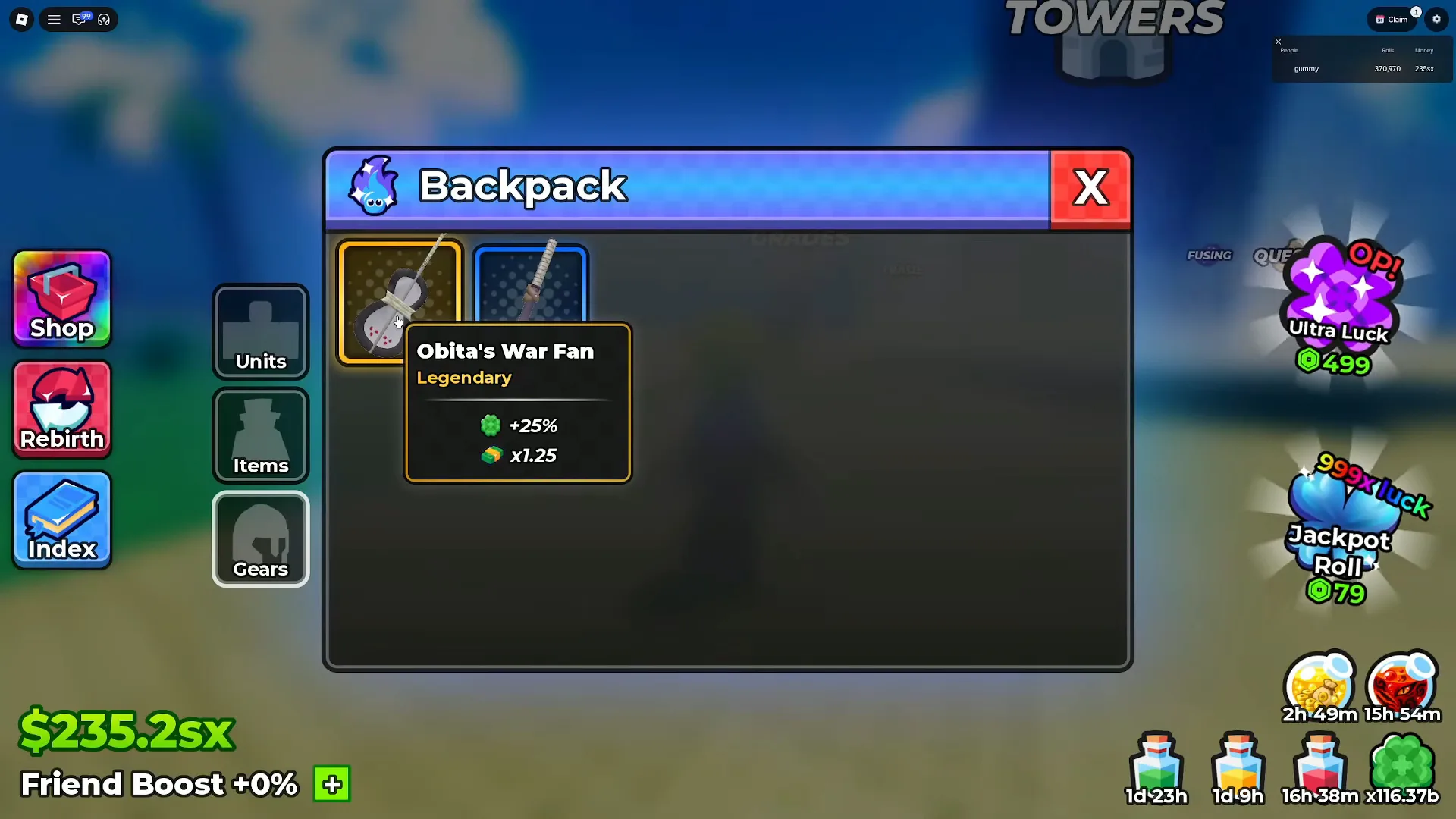 A gold-bordered war fan answers the cursor in Anime Dice's Backpack with a tooltip listing Obita's War Fan, Legendary, then a green +25% row and a x1.25 row