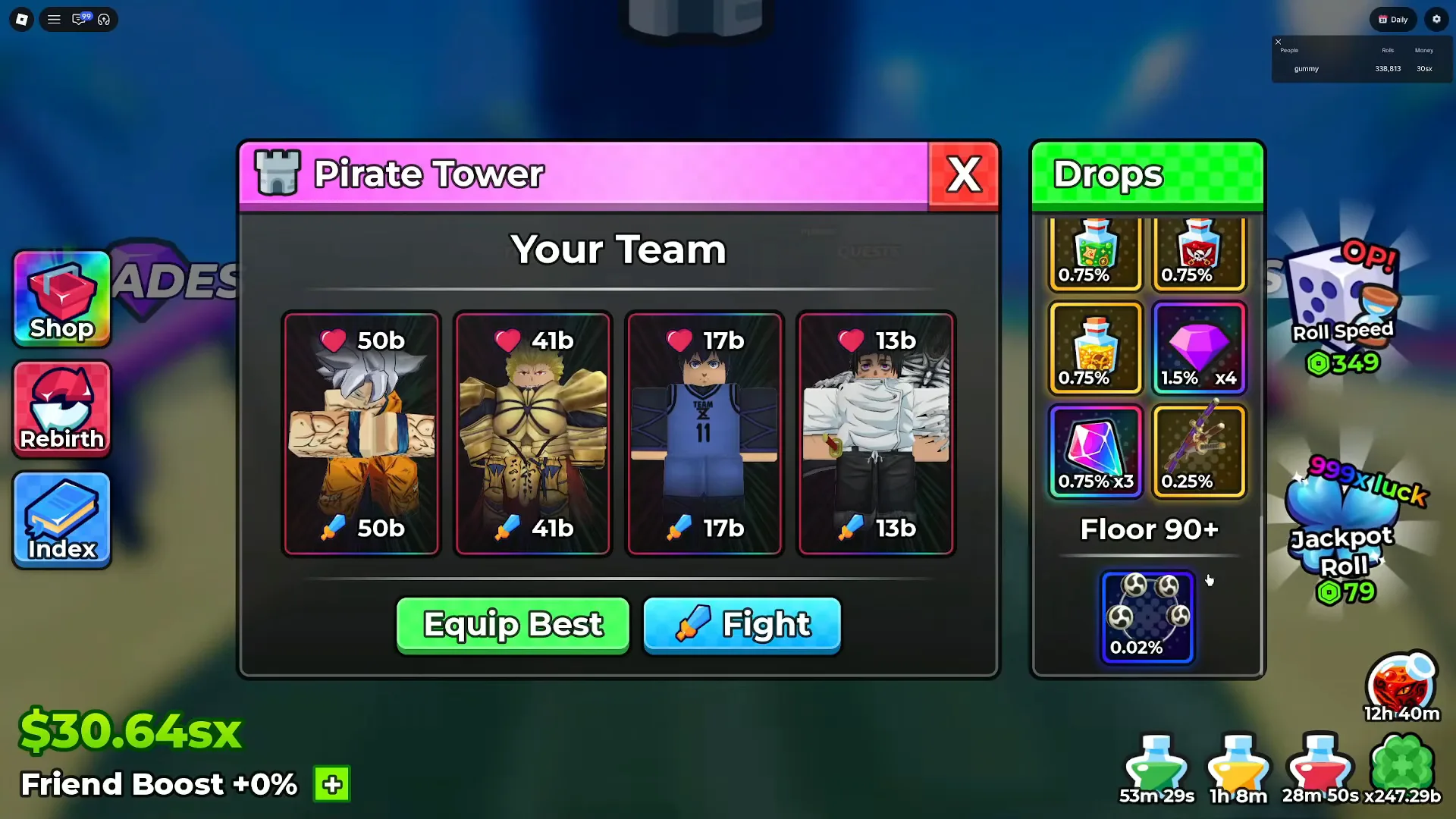 Anime Dice Pirate Tower Drops panel with tiles reading 0.75% three times, a 1.5% x4 gem and a 0.75% x3 crystal beside a gold-bordered three-bladed gear at 0.25%, above a Floor 90 plus header and a blue-bordered four-point shuriken at 0.02%