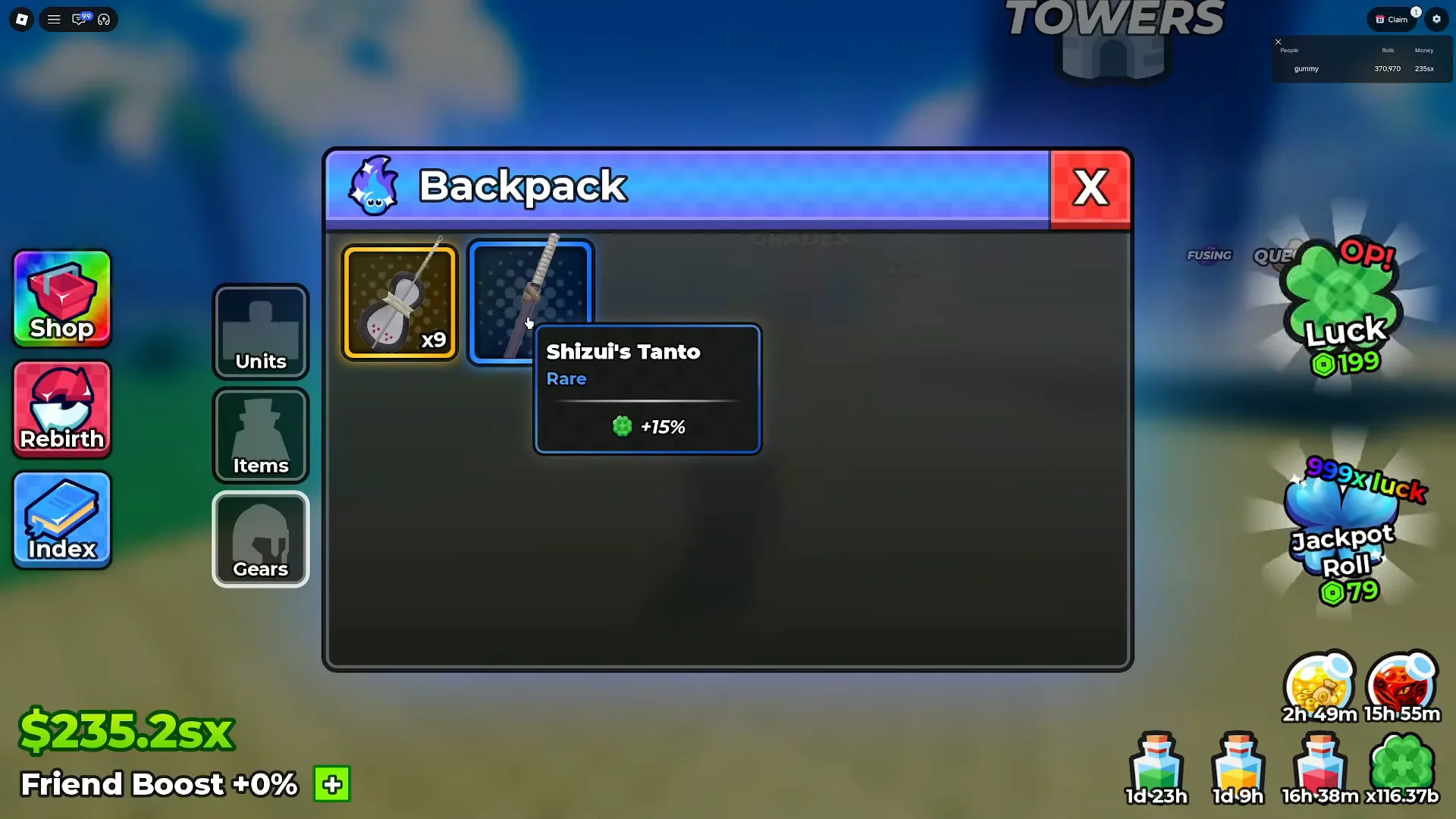 Two stacked tiles sit side by side in Anime Dice's Backpack, the gold war fan stamped x9 beside a blue katana whose tooltip answers Shizui's Tanto, Rare, over a green +15% row