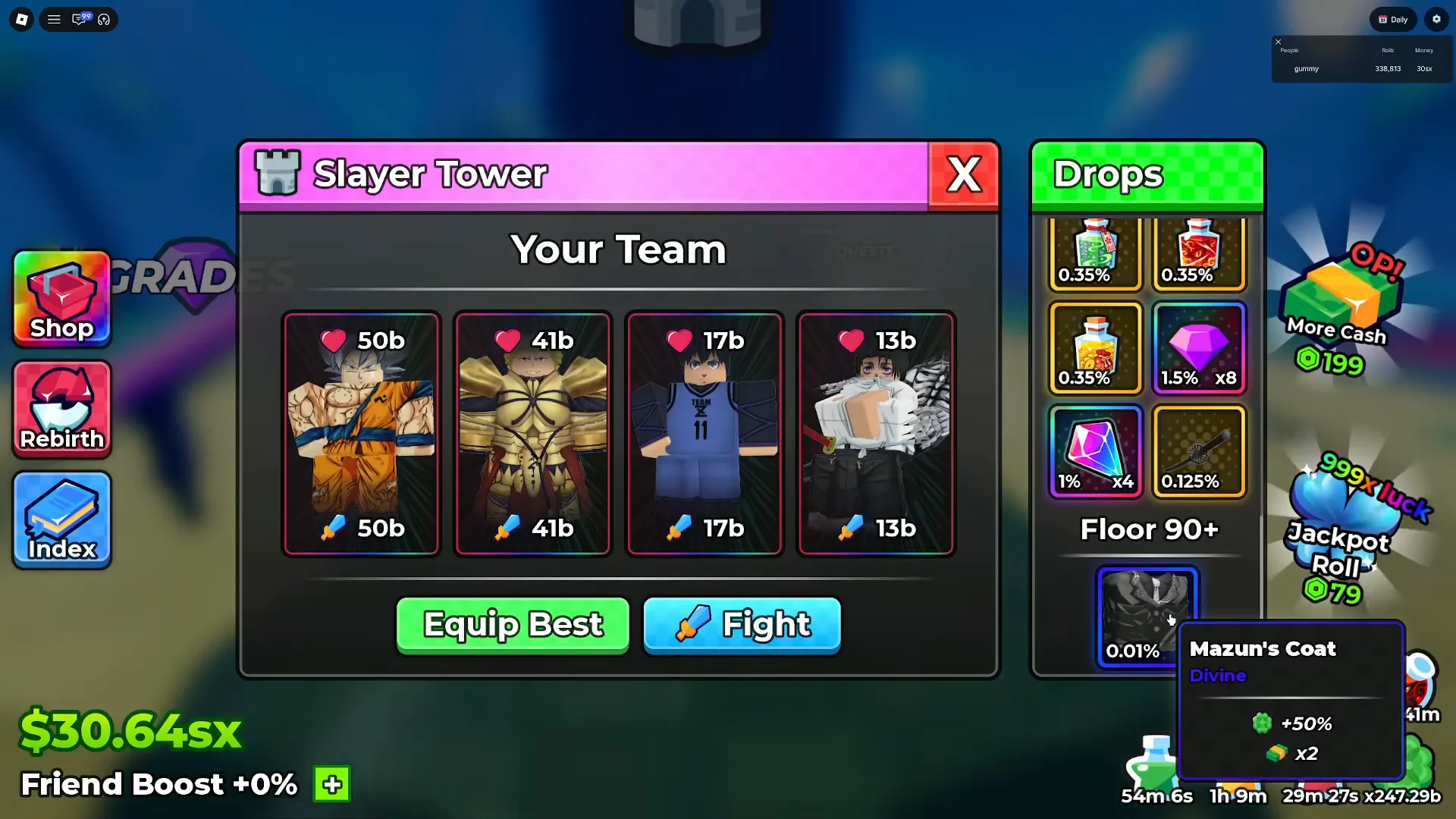 Anime Dice Slayer Tower panel with a pink title bar and four team cards at 50b, 41b, 17b and 13b, beside a green Drops panel whose tiles read 0.35% three times, a 1.5% x8 gem, a 1% x4 crystal and a 0.125% katana above a Floor 90 plus header, with an open tooltip beside the 0.01% coat tile reading Mazun's Coat, Divine, plus +50% and x2 rows
