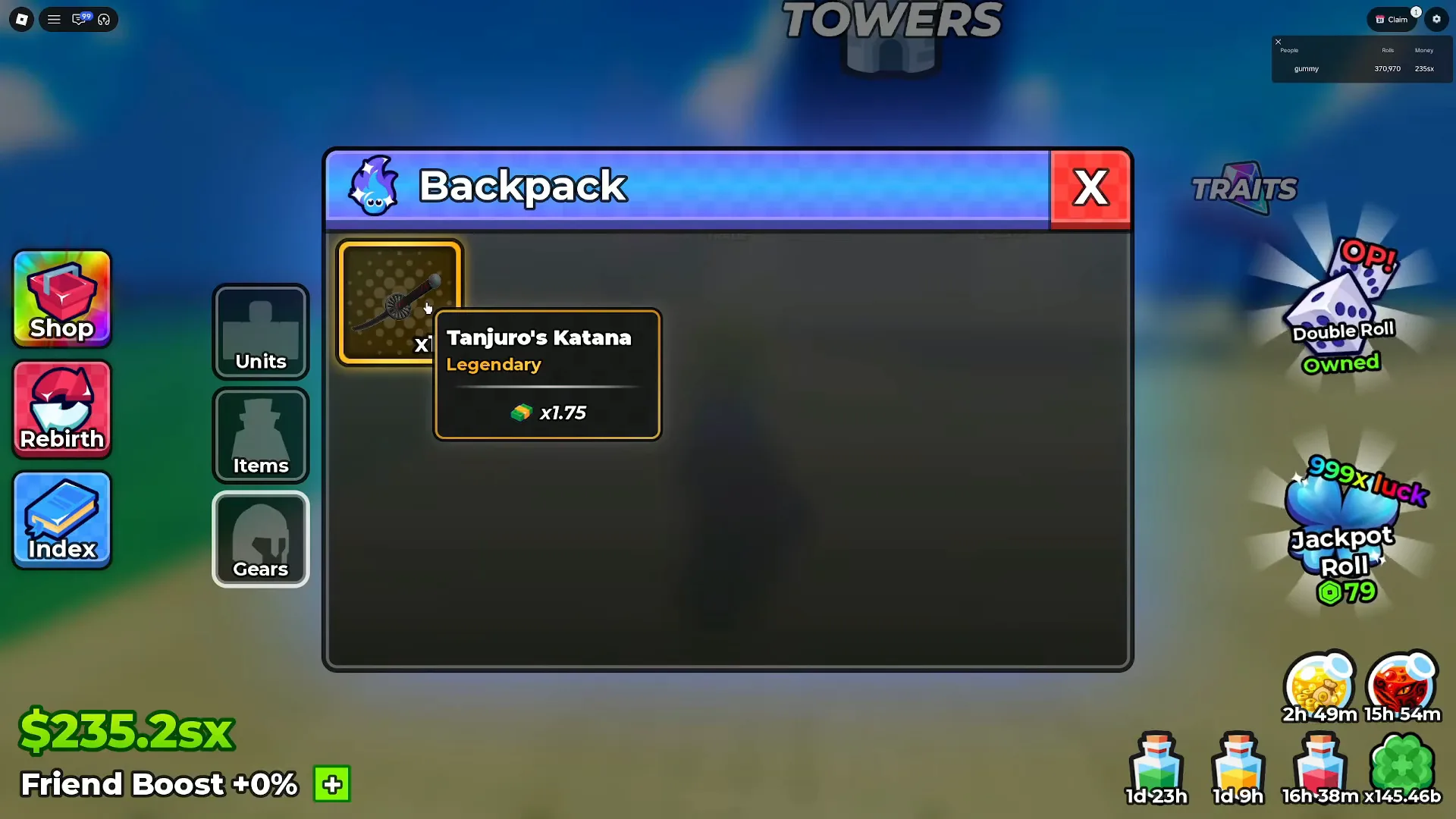 The gold-outlined katana in Anime Dice's Backpack reveals a tooltip reading Tanjuro's Katana, Legendary, over a single x1.75 row marked with a green cube icon