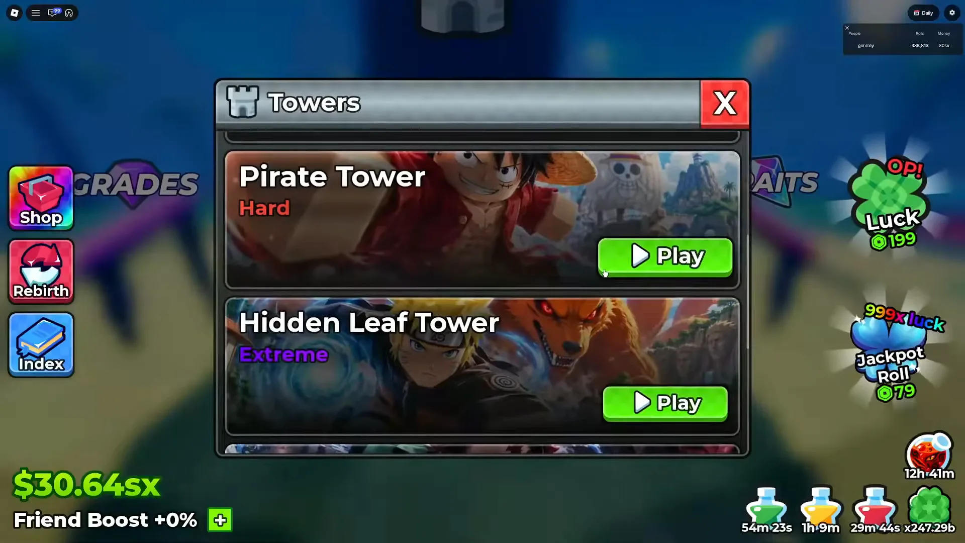 Anime Dice Towers list showing the Pirate Tower card marked Hard in red above the Hidden Leaf Tower card marked Extreme in purple, each card carrying its own banner art and a green Play button on the right