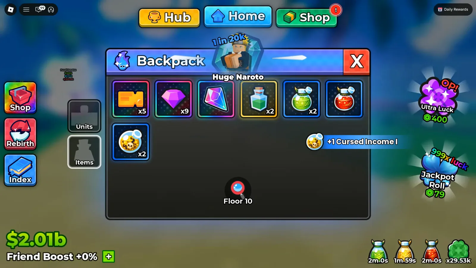 Anime Dice Backpack on the Items tab with an orange ticket stack, a purple gem stack of nine, a pink crystal, a green potion and two bomb-shaped potions in one row