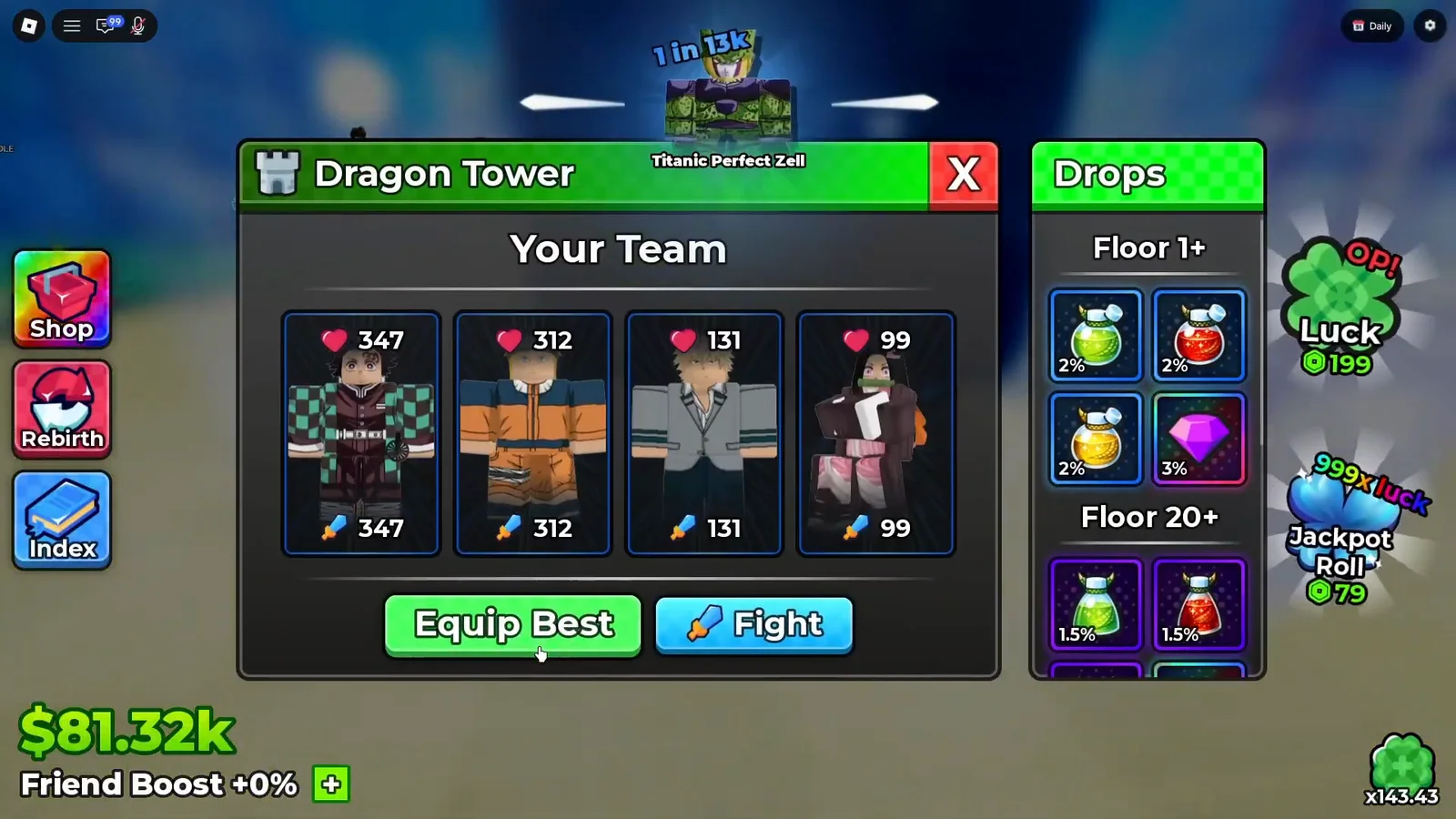 Anime Dice Dragon Tower panel in UPD 5 with four team slots and a Drops column showing a Floor 1 plus band of green, red and gold potions at 2 percent each beside a purple gem at 3 percent, above a Floor 20 plus band of potions at 1.5 percent