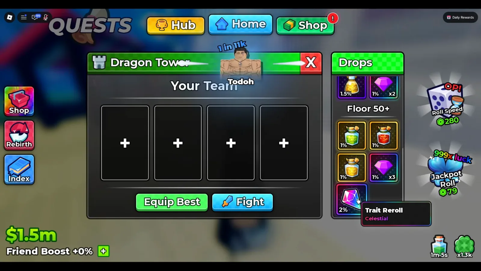 One drop list, two currencies: the purple jewel is Gems, the pink crystal is the Trait Reroll Anime Dice Dragon Tower panel with its Drops column listing a purple gem in the top band and again under Floor 50+, and a pink crystal whose tooltip reads Trait Reroll Celestial