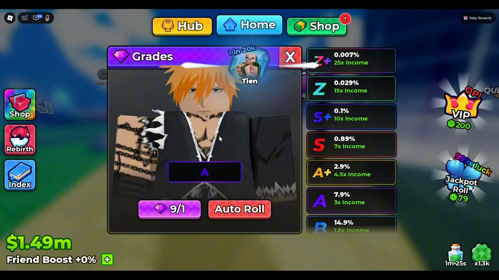 The only gem sink we could confirm: one purple jewel per grade roll, with the tier ladder and Auto Roll on the same panel Anime Dice Grades panel for a unit called Tien showing current grade A, a purple gem cost button reading 9/1, an Auto Roll toggle, and the grade ladder from B up to Z+ with multipliers and odds