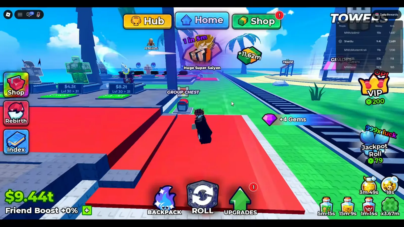The game naming its own currency: a purple jewel on the ground prints as +4 Gems Anime Dice pickup toast reading plus 4 Gems beside a purple faceted jewel icon, over a base walkway with the TOWERS leaderboard open on the right