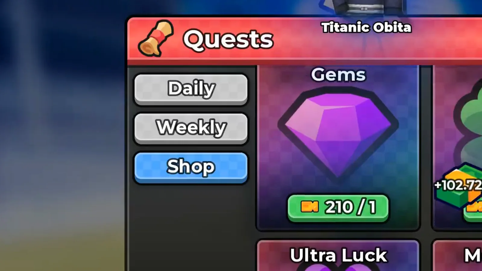 Anime Dice Quests panel on its Shop tab with the Gems card showing a large purple jewel and a green ticket badge reading 210 slash 1, meaning a balance of 210 tickets against a price of one ticket per gem, above the Ultra Luck card