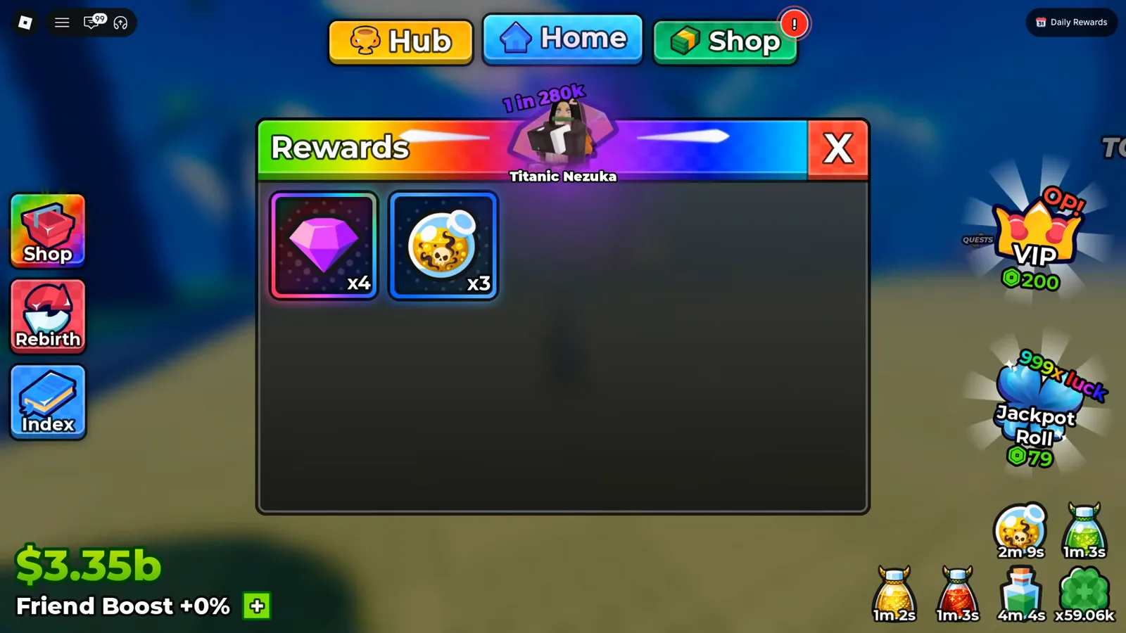 The settlement screen: this trip returned four gems and three potions Anime Dice Rewards panel after a tower run showing a purple gem with an x4 stack badge beside a gold potion with x3
