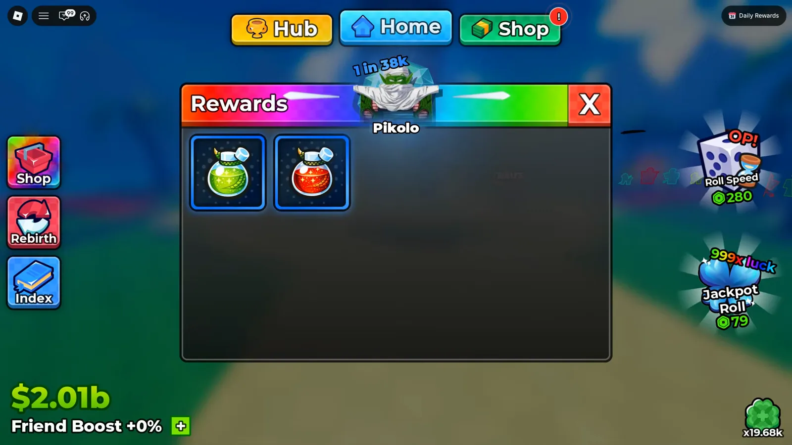 A blank on the jewel line: the same tower, the same panel, no gems this time Anime Dice Rewards panel containing just two potions, one green and one red, with no gem in the payout
