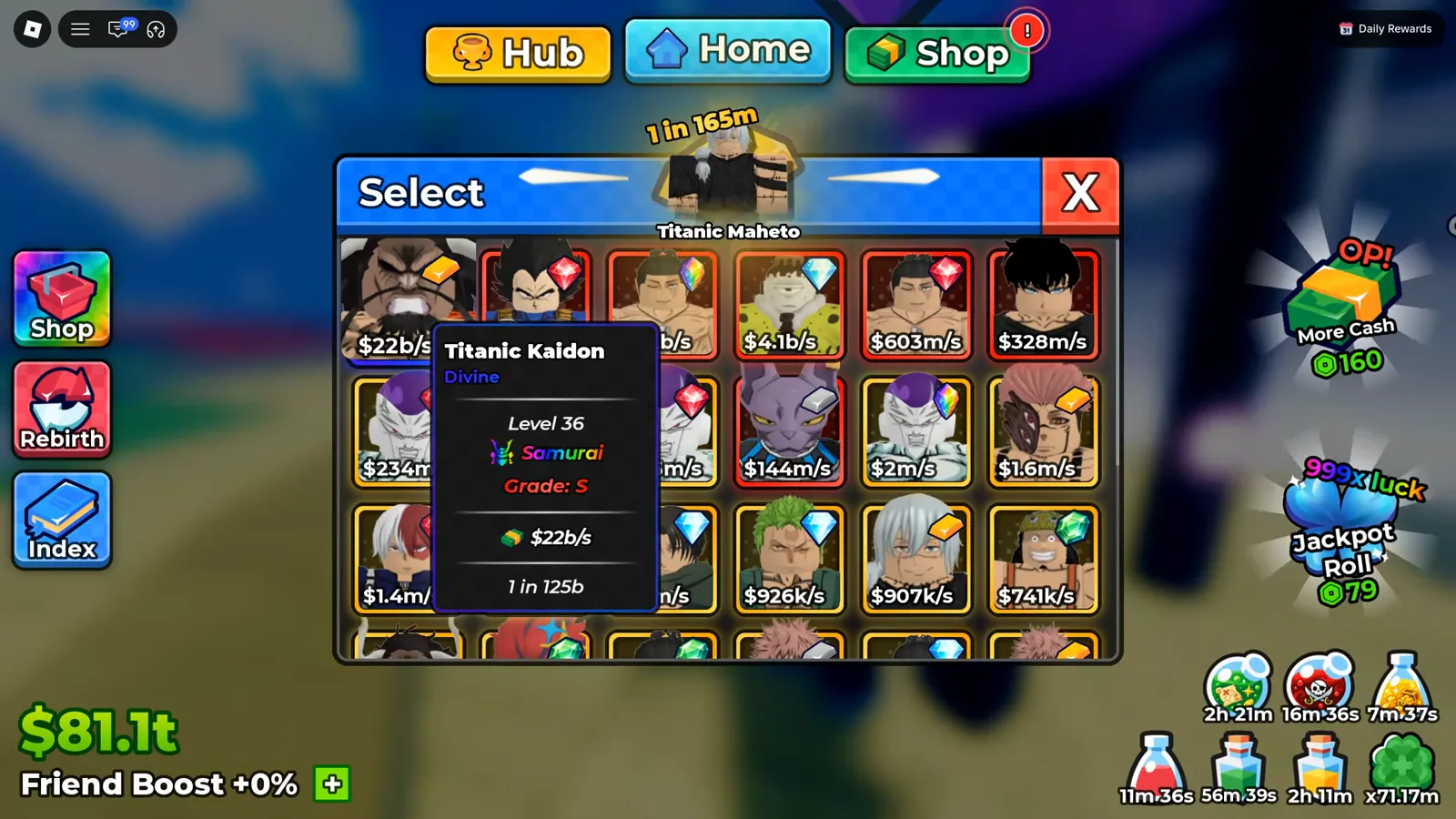 The grade follows the unit: the roster tooltip prints "Grade: S" beneath the mutation and income Anime Dice Select roster with a unit tooltip for Titanic Kaidon showing Divine rarity, Level 36, Samurai mutation and a Grade of S