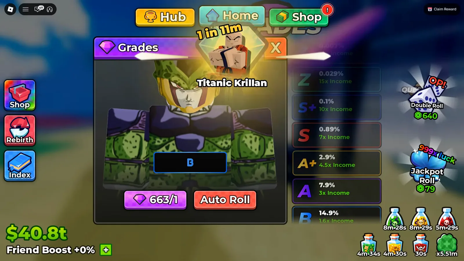 The corroborating frame: with no popup over it, the Z row reads 0.029% and 15x income, and the current-grade box shows B Anime Dice Grades panel from a second session showing the unit Titanic Krillan at grade B with the Z row fully readable at 0.029% and 15x income and a red Auto Roll button